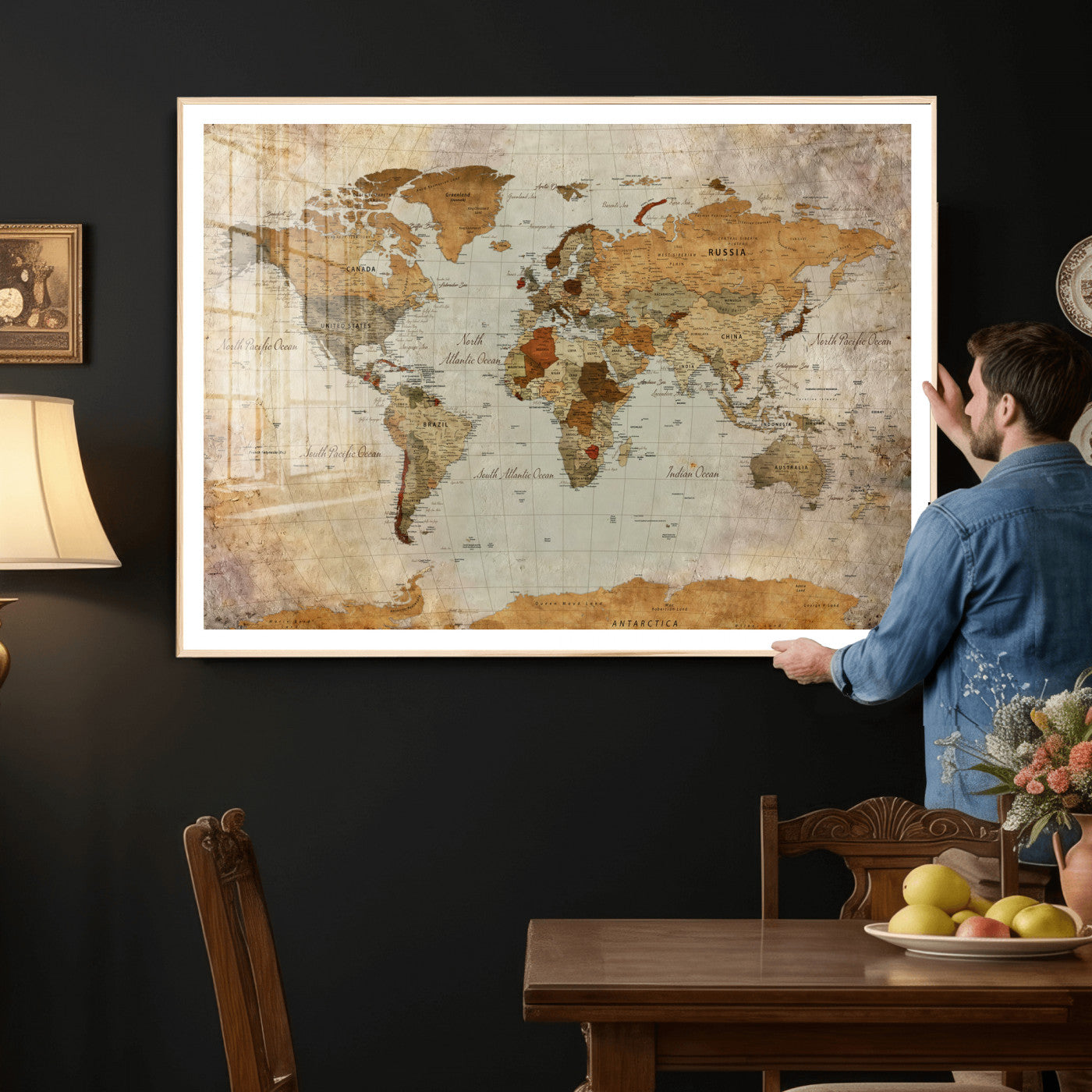74176056-MGV-CV-36X24 - World Map Wall Art Canvas Print, Modern Decorative Framed Map Artwork Prints for Living Room, Office, Bedroom Wall Decor