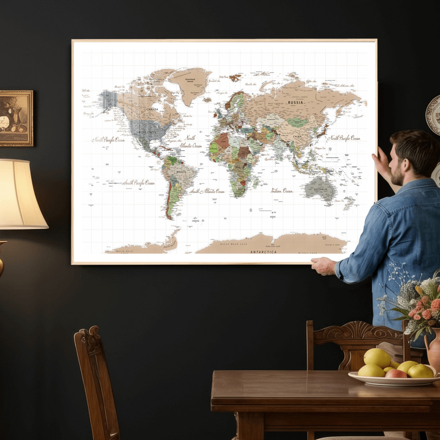 91286788-MGV-CV-36X24 - World Map Wall Art Canvas Print, Modern Decorative Framed Map Artwork Prints for Living Room, Office, Bedroom Wall Decor