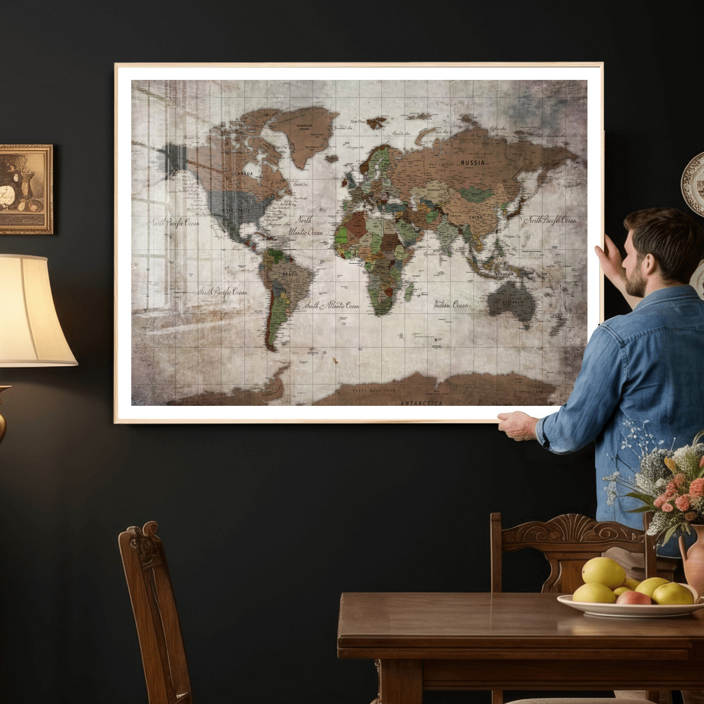 65393892-MGV-CV-36X24 - World Map Wall Art Canvas Print, Modern Decorative Framed Map Artwork Prints for Living Room, Office, Bedroom Wall Decor
