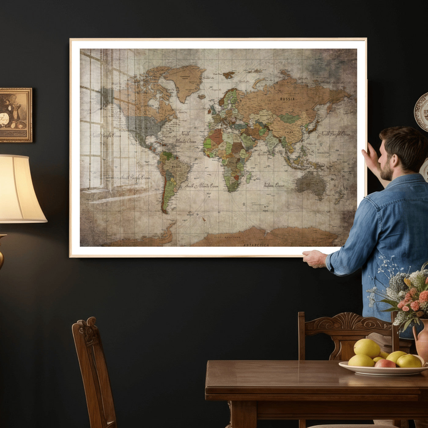 20356264-MGV-CV-36X24 - World Map Wall Art Canvas Print, Modern Decorative Framed Map Artwork Prints for Living Room, Office, Bedroom Wall Decor