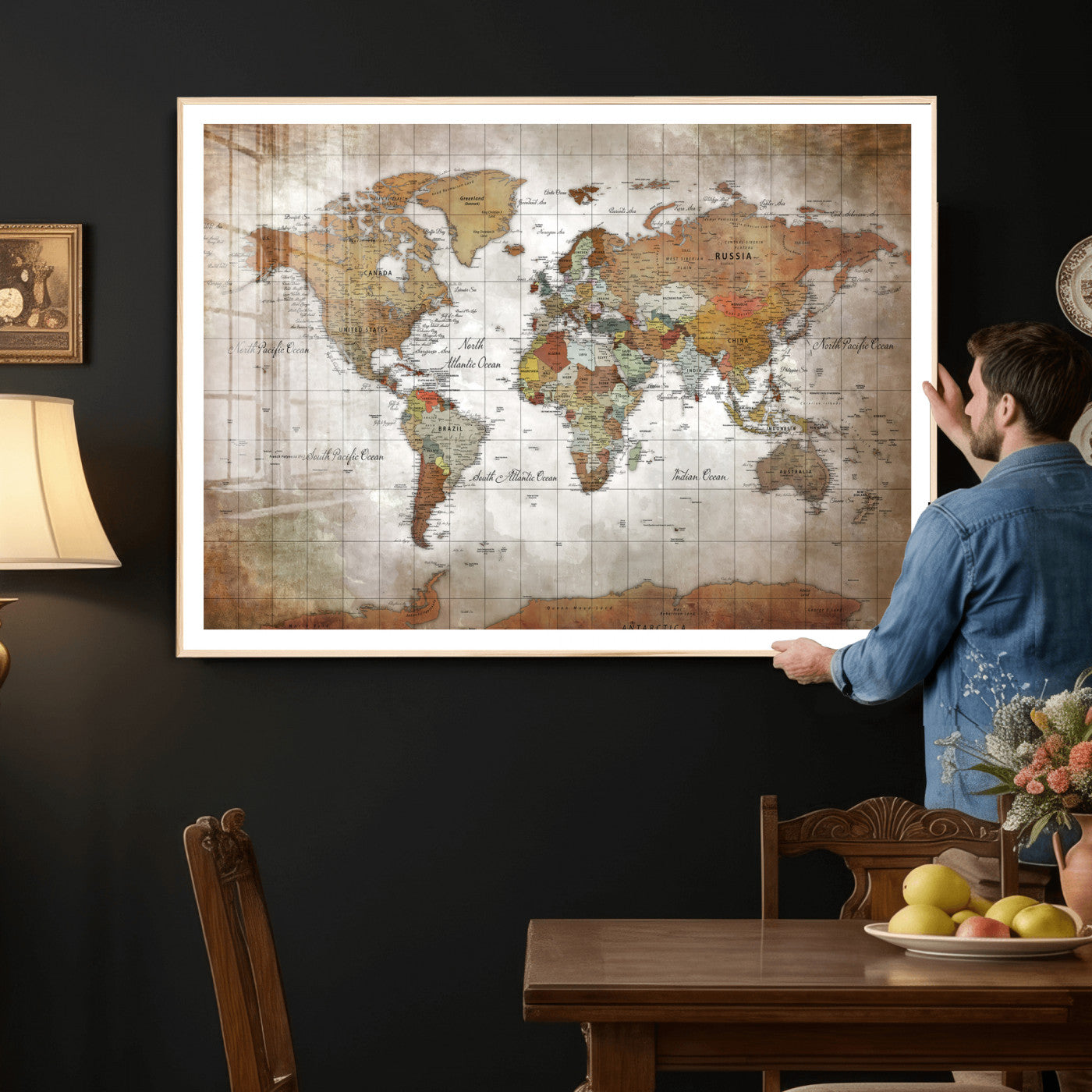 51643807-MGV-CV-36X24 - World Map Wall Art Canvas Print, Modern Decorative Framed Map Artwork Prints for Living Room, Office, Bedroom Wall Decor