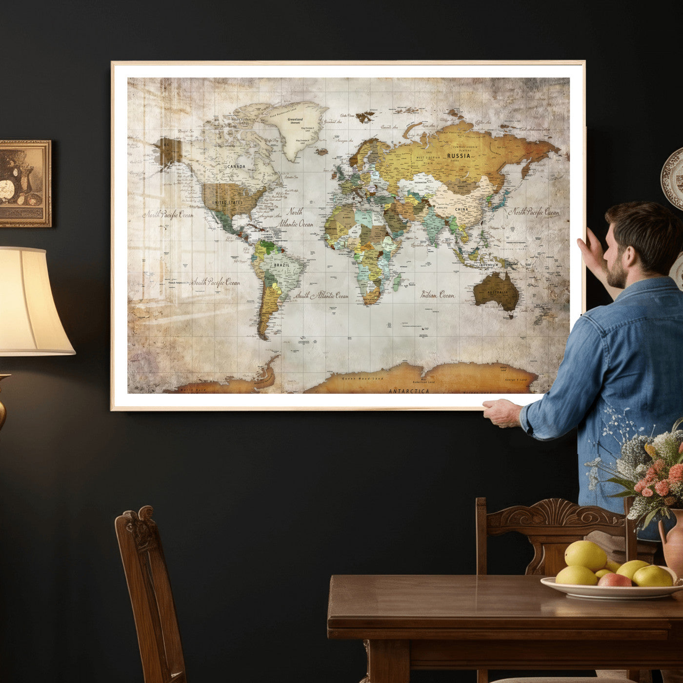 86108417-MGV-CV-36X24 - World Map Wall Art Canvas Print, Modern Decorative Framed Map Artwork Prints for Living Room, Office, Bedroom Wall Decor