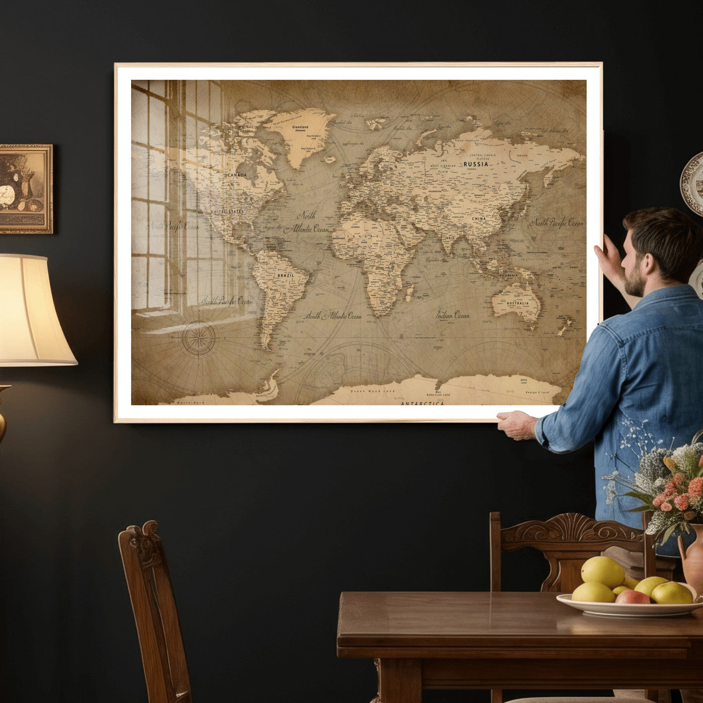 49946617-MGV-CV-36X24 - World Map Wall Art Canvas Print, Modern Decorative Framed Map Artwork Prints for Living Room, Office, Bedroom Wall Decor
