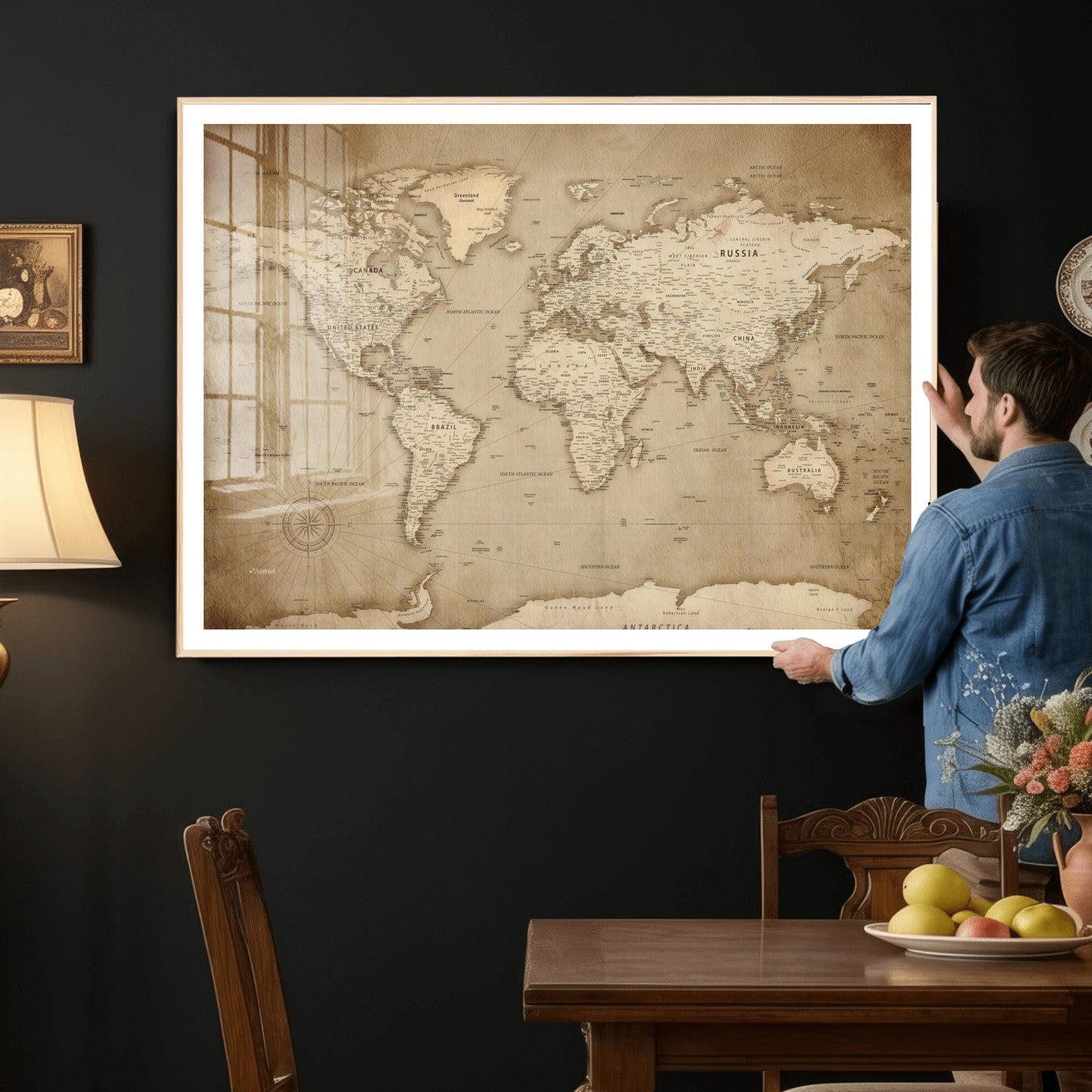 34795134-MGV-CV-36X24 - World Map Wall Art Canvas Print, Modern Decorative Framed Map Artwork Prints for Living Room, Office, Bedroom Wall Decor