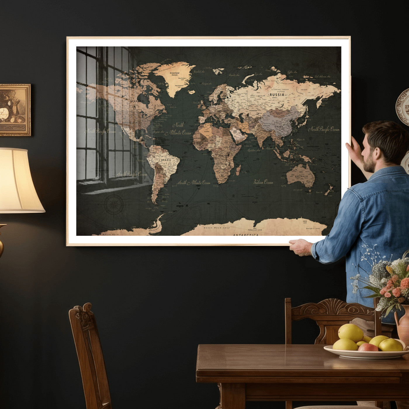 62059333-MGV-CV-36X24 - World Map Wall Art Canvas Print, Modern Decorative Framed Map Artwork Prints for Living Room, Office, Bedroom Wall Decor