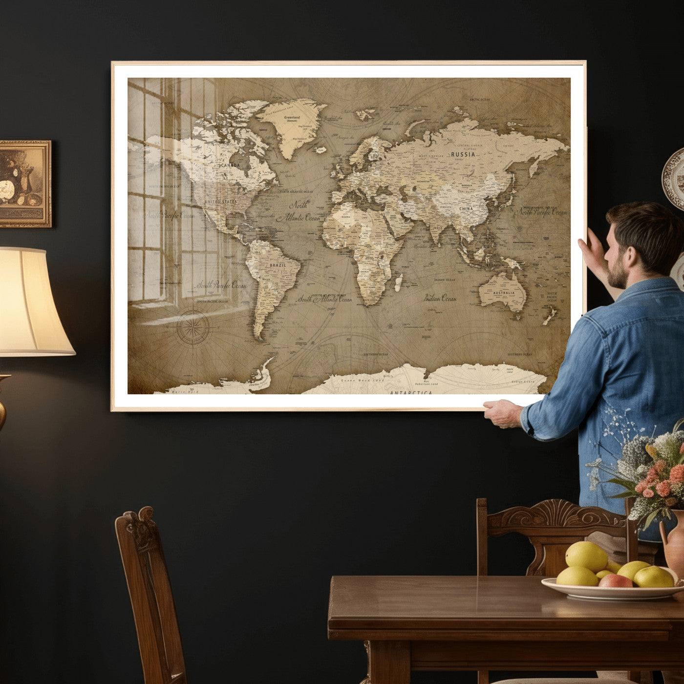 82314635-MGV-CV-36X24 - World Map Wall Art Canvas Print, Modern Decorative Framed Map Artwork Prints for Living Room, Office, Bedroom Wall Decor
