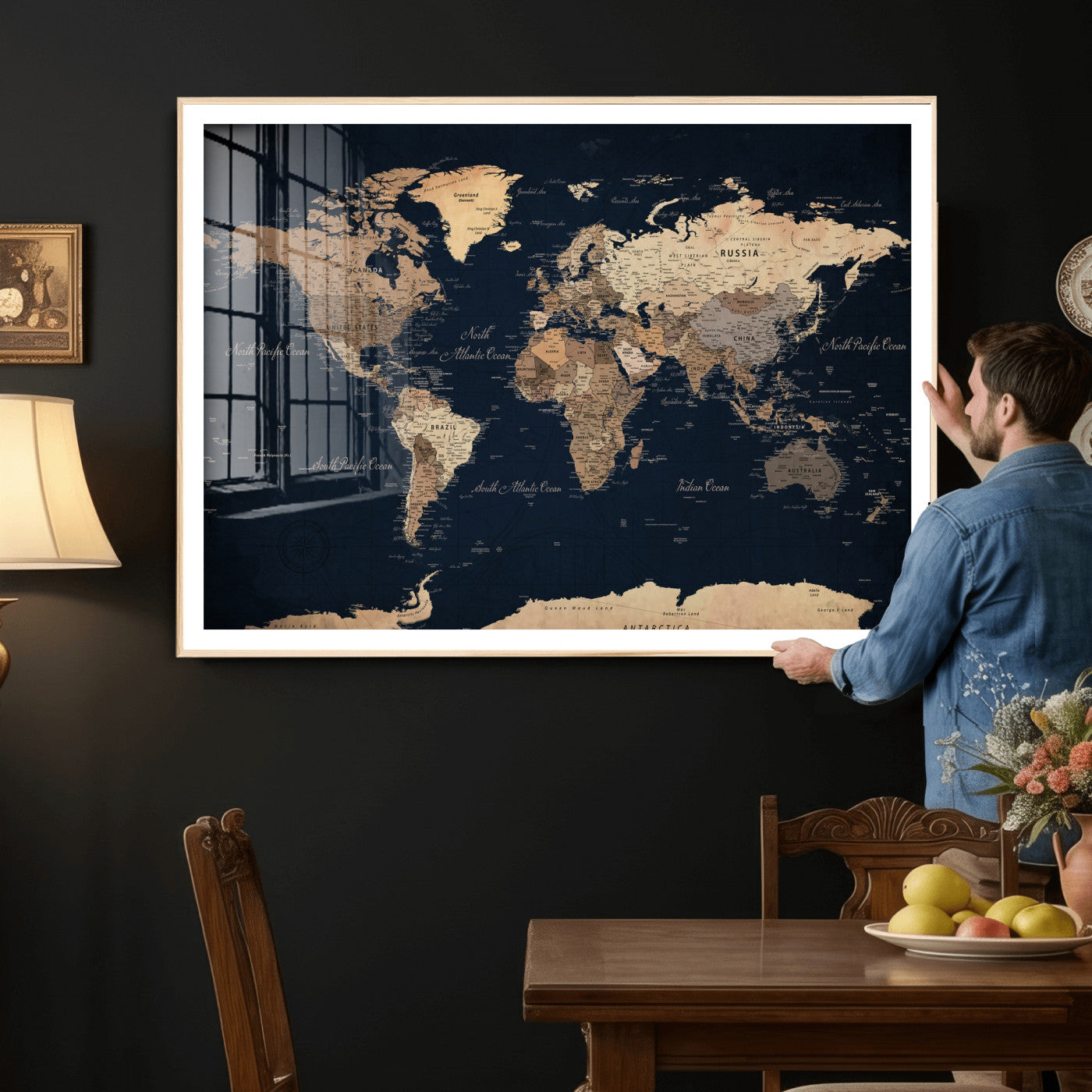 53971530-MGV-CV-36X24 - World Map Wall Art Canvas Print, Modern Decorative Framed Map Artwork Prints for Living Room, Office, Bedroom Wall Decor