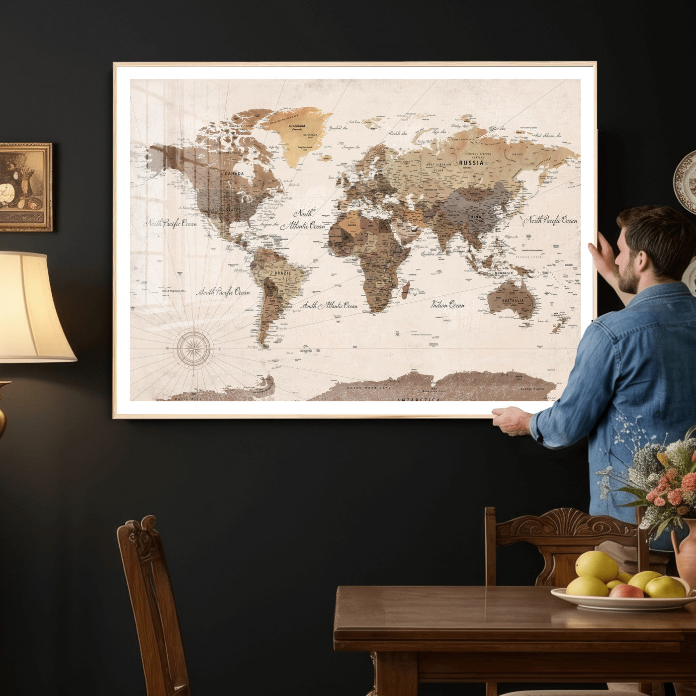 69860078-MGV-CV-36X24 - World Map Wall Art Canvas Print, Modern Decorative Framed Map Artwork Prints for Living Room, Office, Bedroom Wall Decor