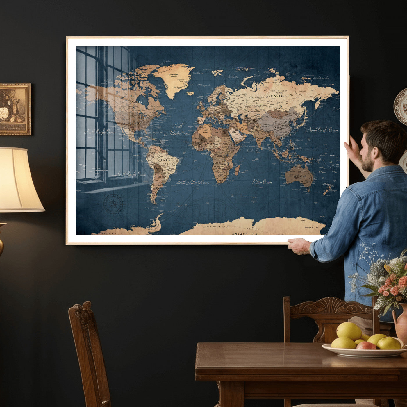 69886352-MGV-CV-36X24 - World Map Wall Art Canvas Print, Modern Decorative Framed Map Artwork Prints for Living Room, Office, Bedroom Wall Decor
