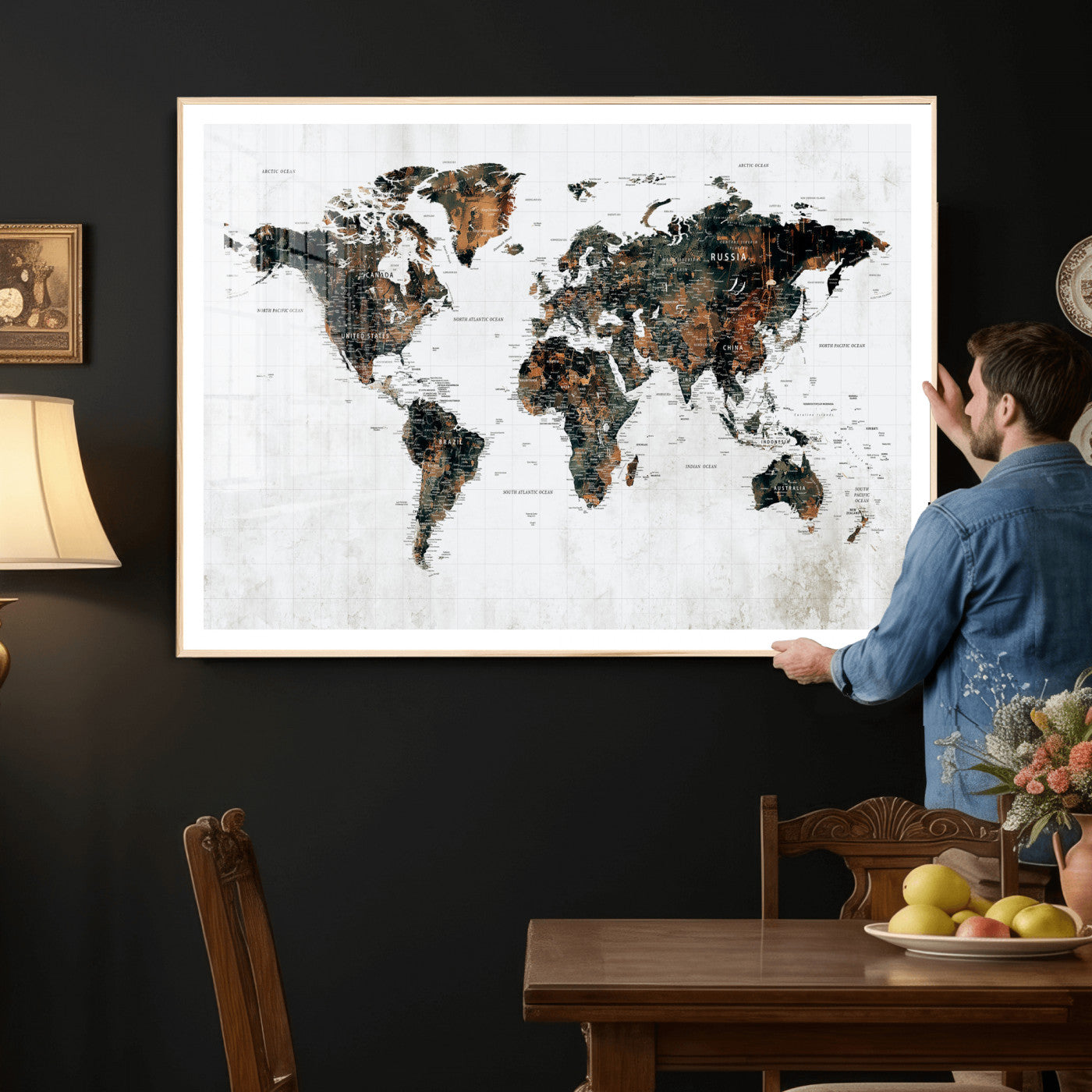 60008766-MGV-CV-36X24 - World Map Wall Art Canvas Print, Modern Decorative Framed Map Artwork Prints for Living Room, Office, Bedroom Wall Decor
