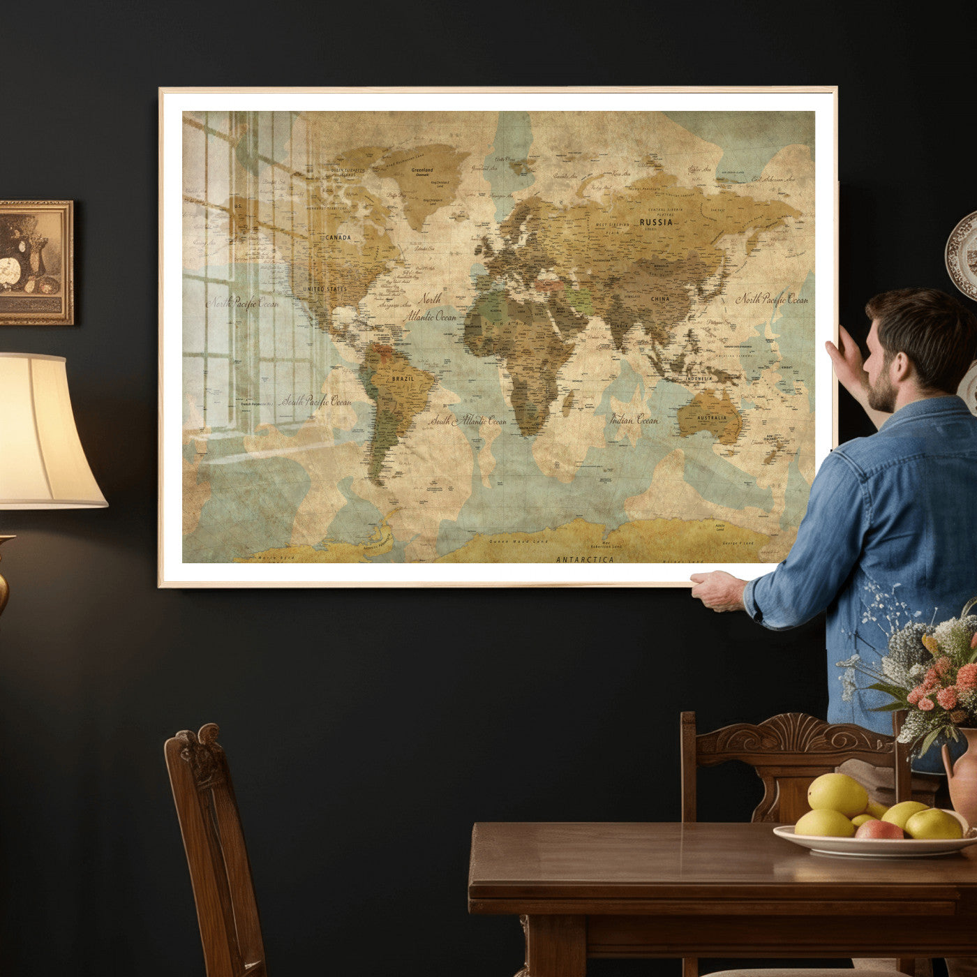 89356927-MGV-CV-36X24 - World Map Wall Art Canvas Print, Modern Decorative Framed Map Artwork Prints for Living Room, Office, Bedroom Wall Decor