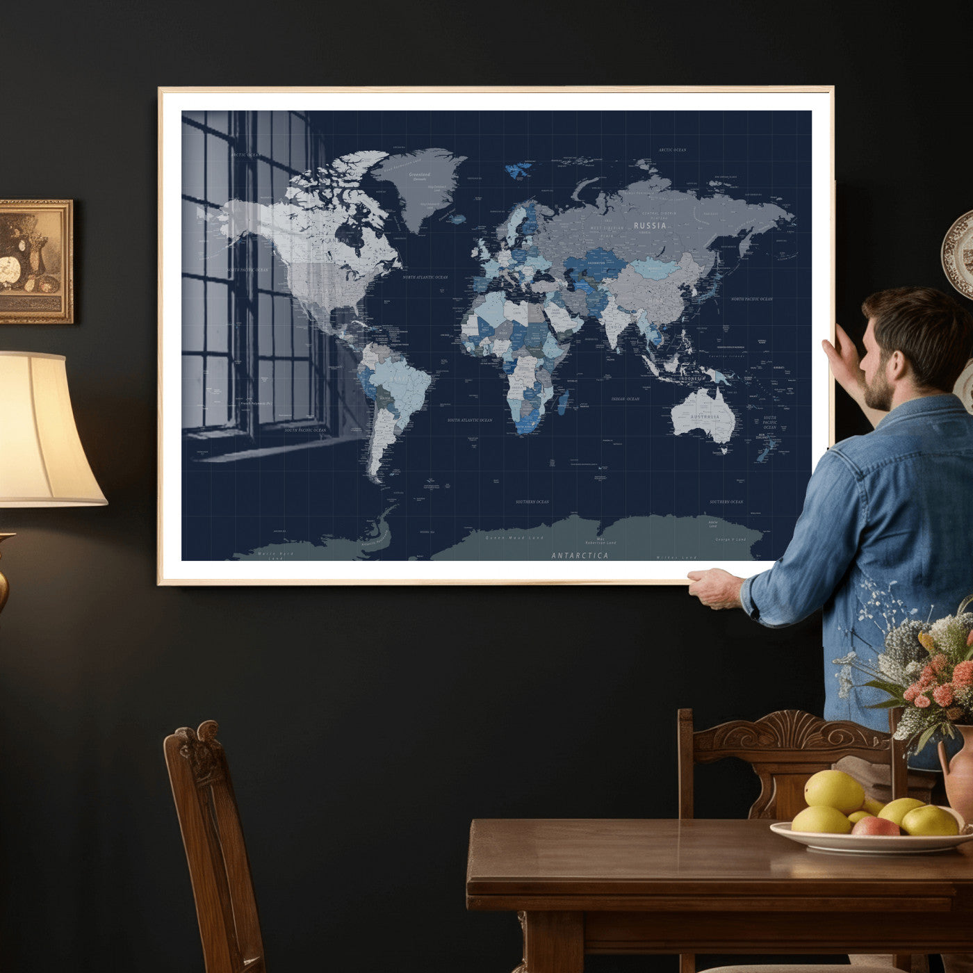 17712680-MGV-CV-36X24 - World Map Wall Art Canvas Print, Modern Decorative Framed Map Artwork Prints for Living Room, Office, Bedroom Wall Decor