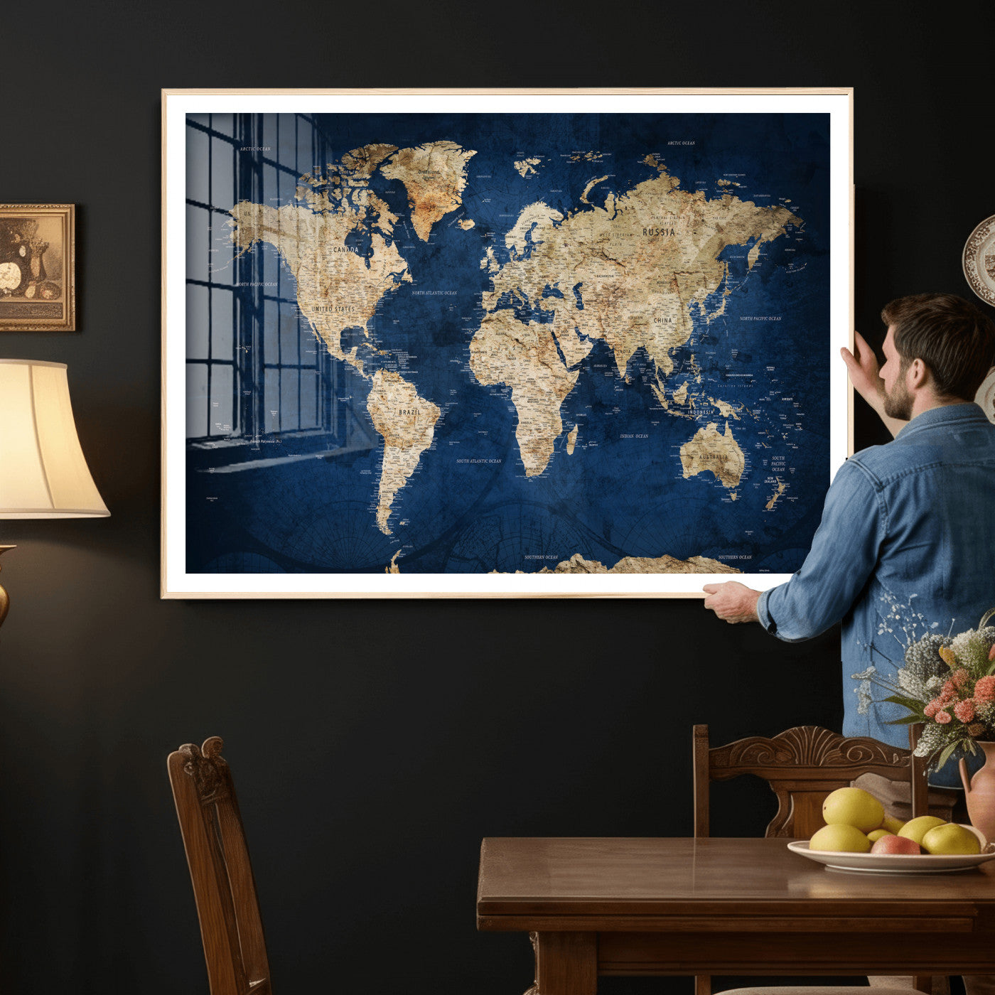 57503519-MGV-CV-36X24 - World Map Wall Art Canvas Print, Modern Decorative Framed Map Artwork Prints for Living Room, Office, Bedroom Wall Decor