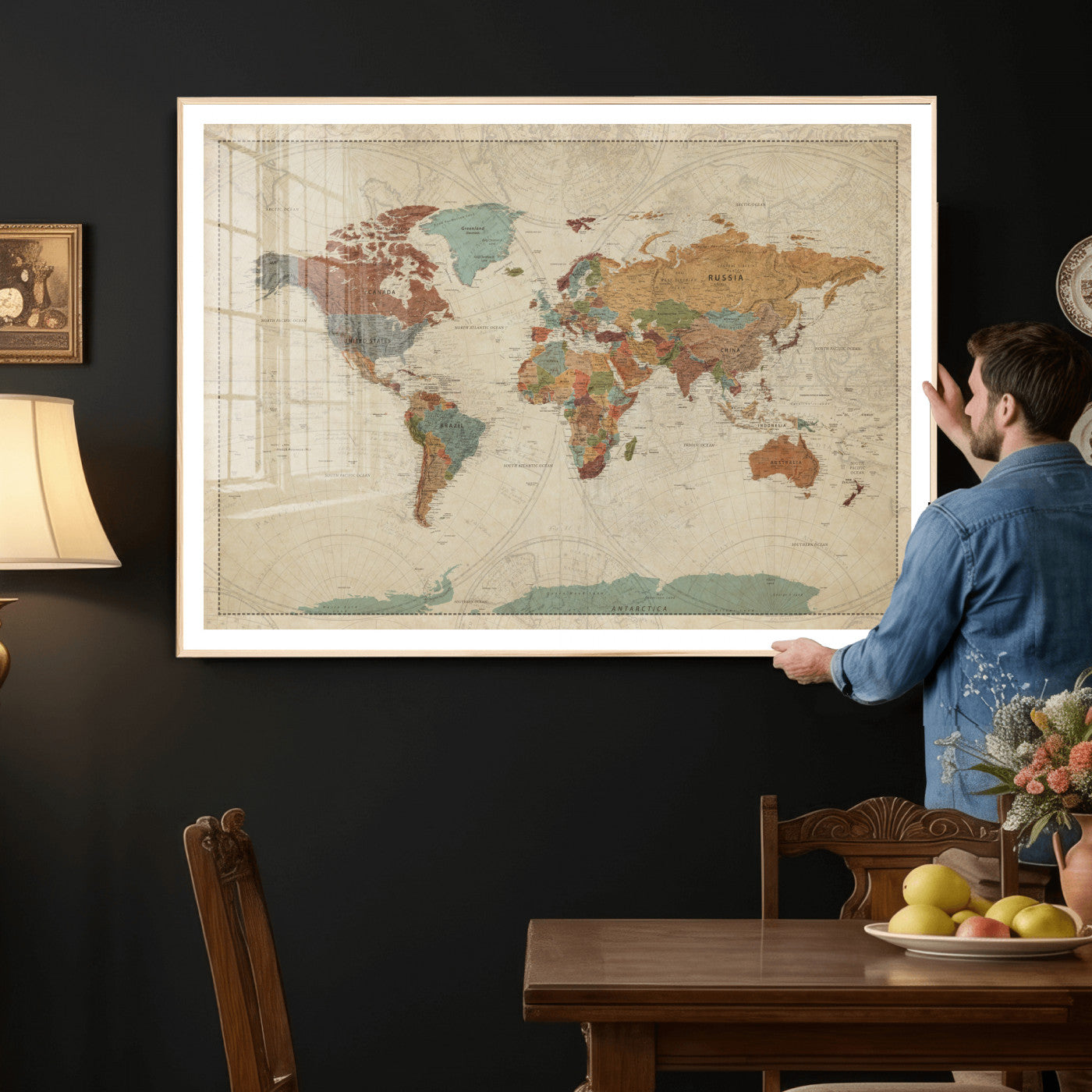 68428598-MGV-CV-36X24 - World Map Wall Art Canvas Print, Modern Decorative Framed Map Artwork Prints for Living Room, Office, Bedroom Wall Decor