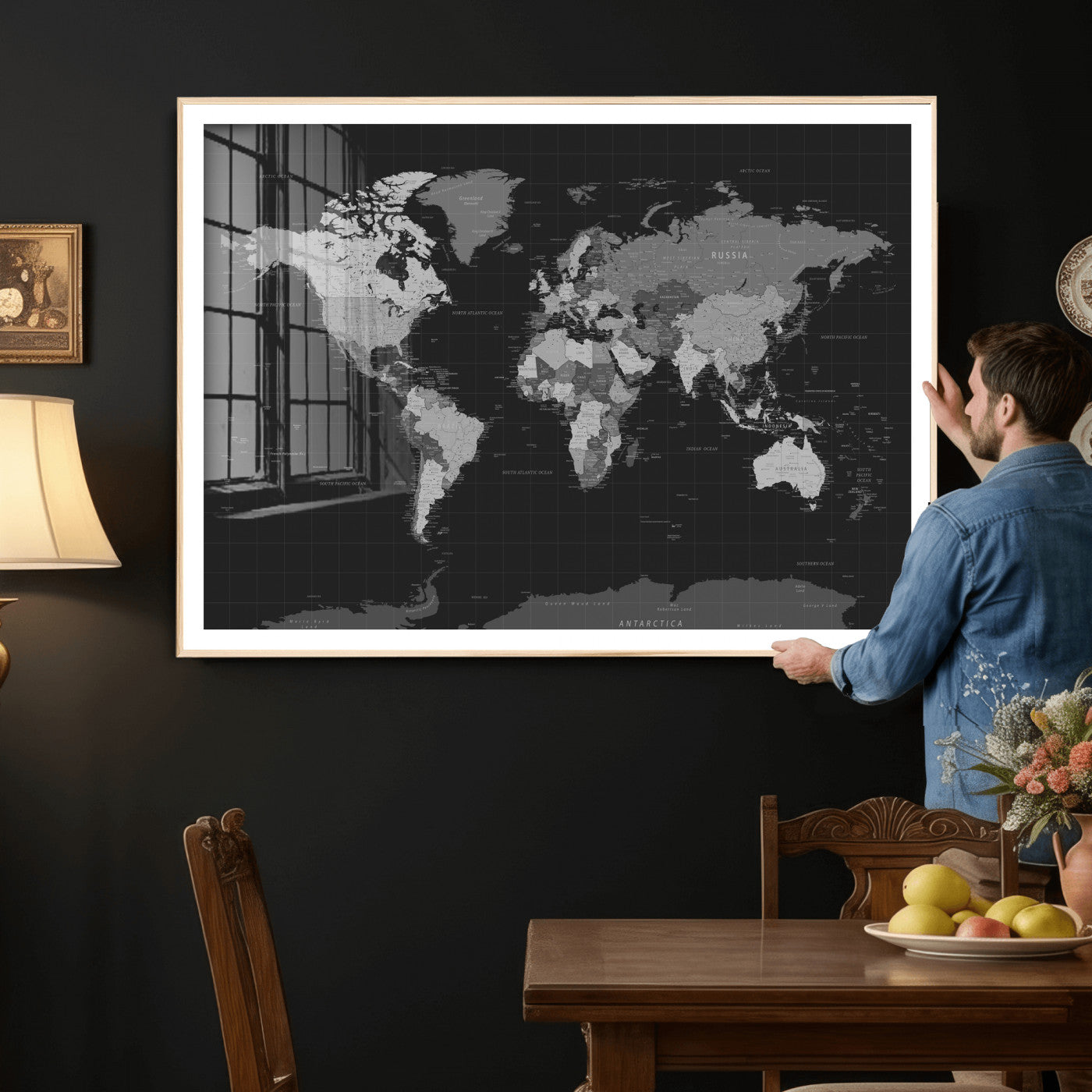 46160121-MGV-CV-36X24 - World Map Wall Art Canvas Print, Modern Decorative Framed Map Artwork Prints for Living Room, Office, Bedroom Wall Decor