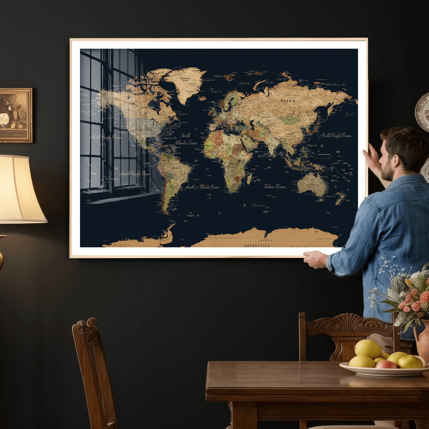 94449133-MGV-CV-36X24 - World Map Wall Art Canvas Print, Modern Decorative Framed Map Artwork Prints for Living Room, Office, Bedroom Wall Decor