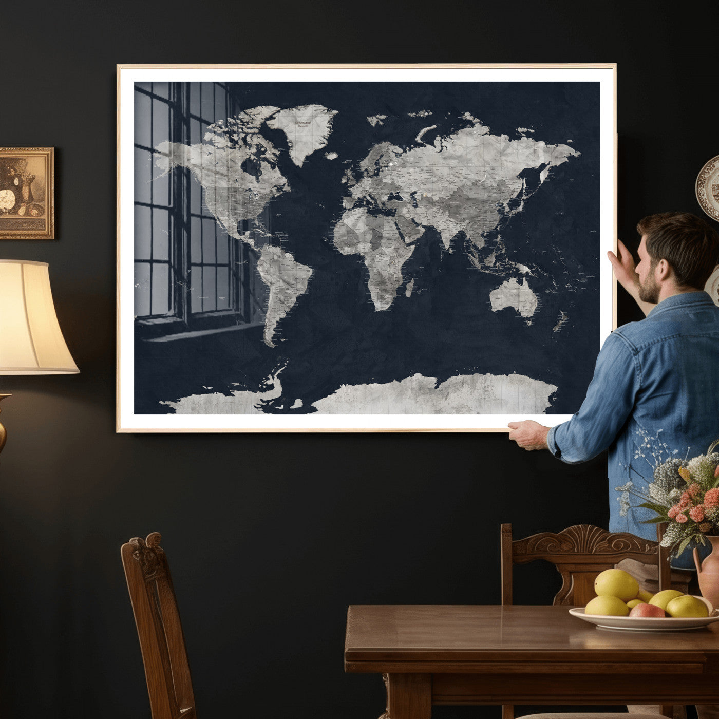 53886659-MGV-CV-36X24 - World Map Wall Art Canvas Print, Modern Decorative Framed Map Artwork Prints for Living Room, Office, Bedroom Wall Decor