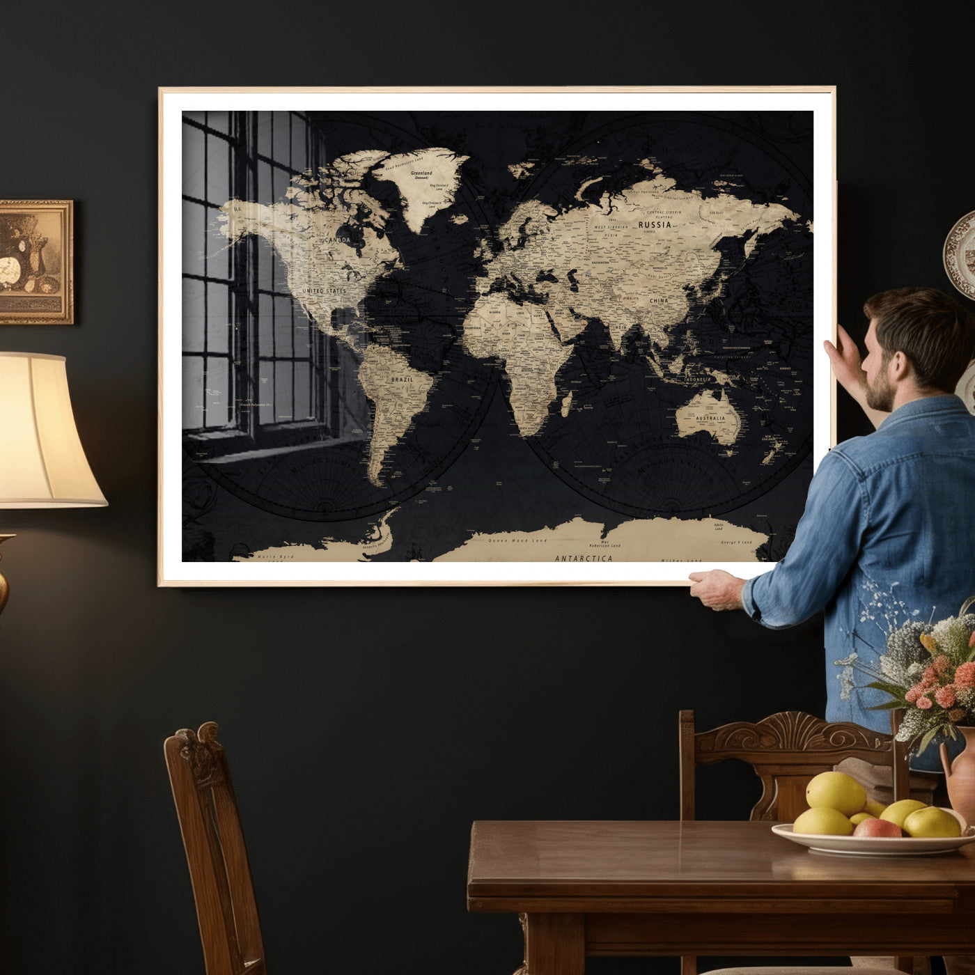 61835687-MGV-CV-36X24 - World Map Wall Art Canvas Print, Modern Decorative Framed Map Artwork Prints for Living Room, Office, Bedroom Wall Decor