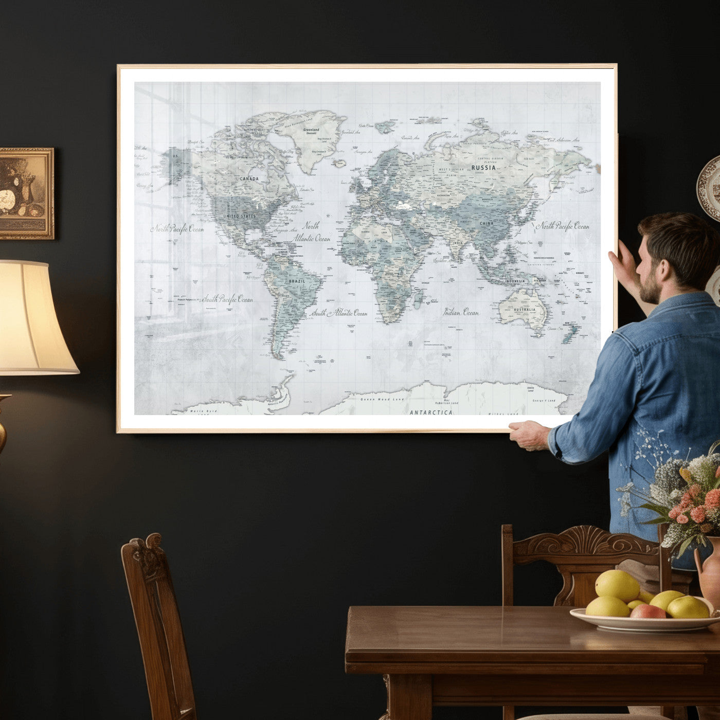 71091917-MGV-CV-36X24 - World Map Wall Art Canvas Print, Modern Decorative Framed Map Artwork Prints for Living Room, Office, Bedroom Wall Decor