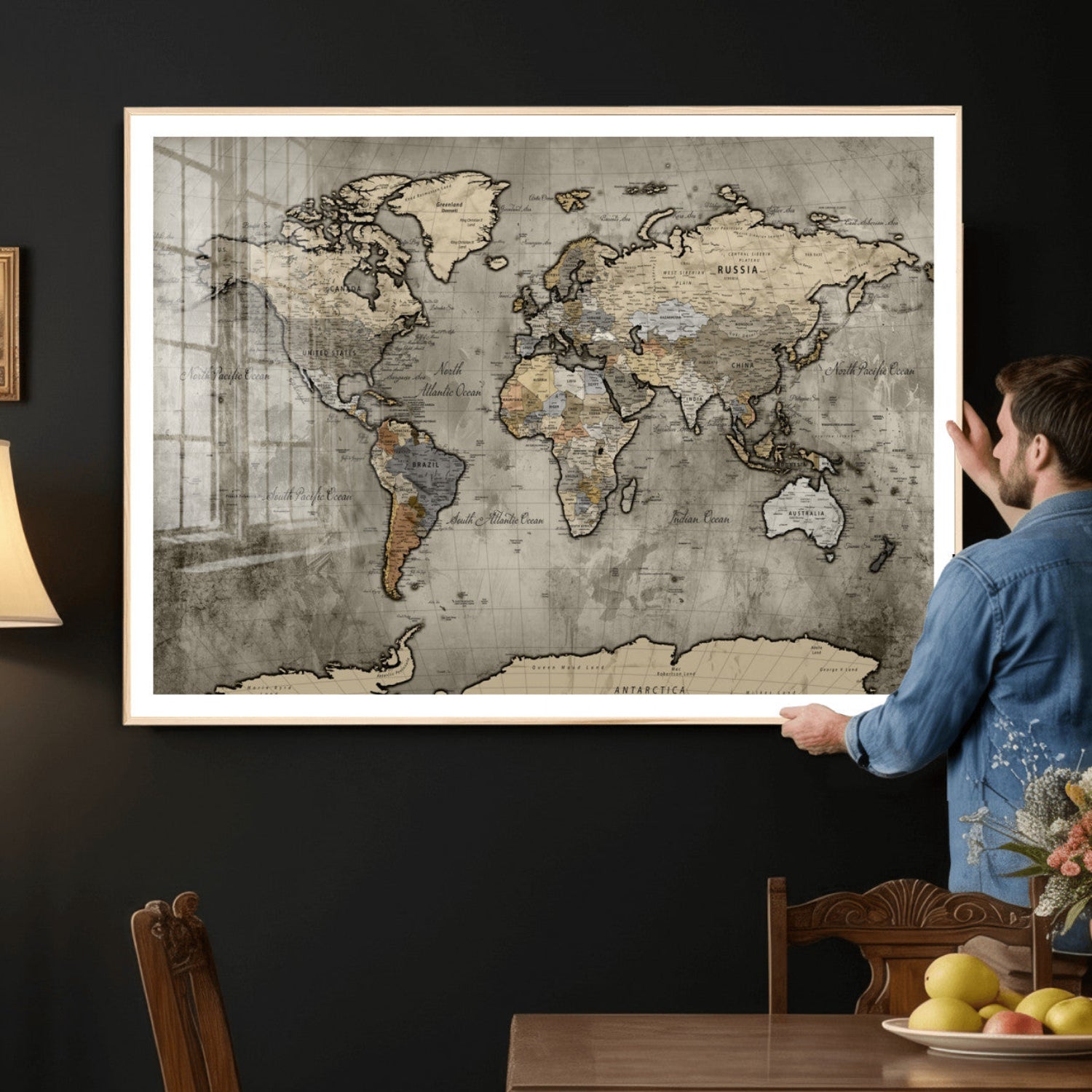 85218700-MGV-CV-36X24 - World Map Wall Art Canvas Print, Modern Decorative Framed Map Artwork Prints for Living Room, Office, Bedroom Wall Decor