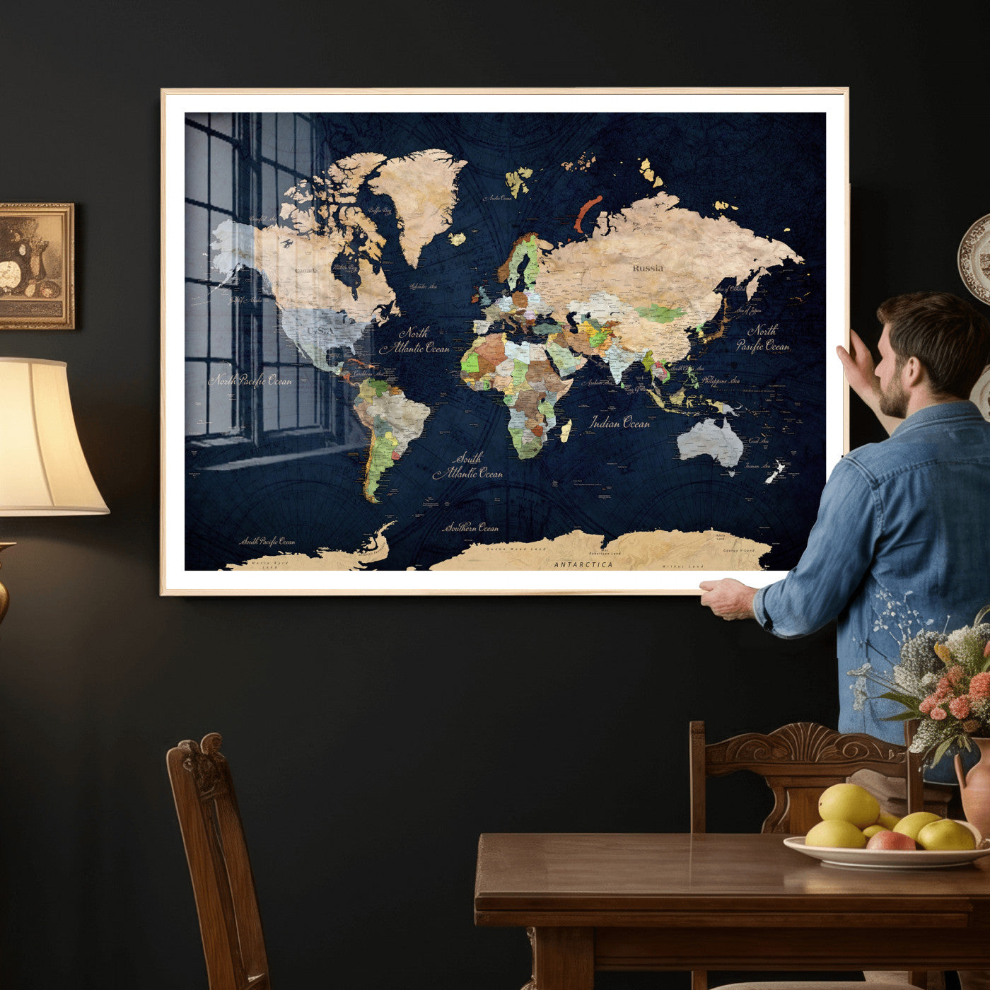 76603563-MGV-CV-36X24 - World Map Wall Art Canvas Print, Modern Decorative Framed Map Artwork Prints for Living Room, Office, Bedroom Wall Decor