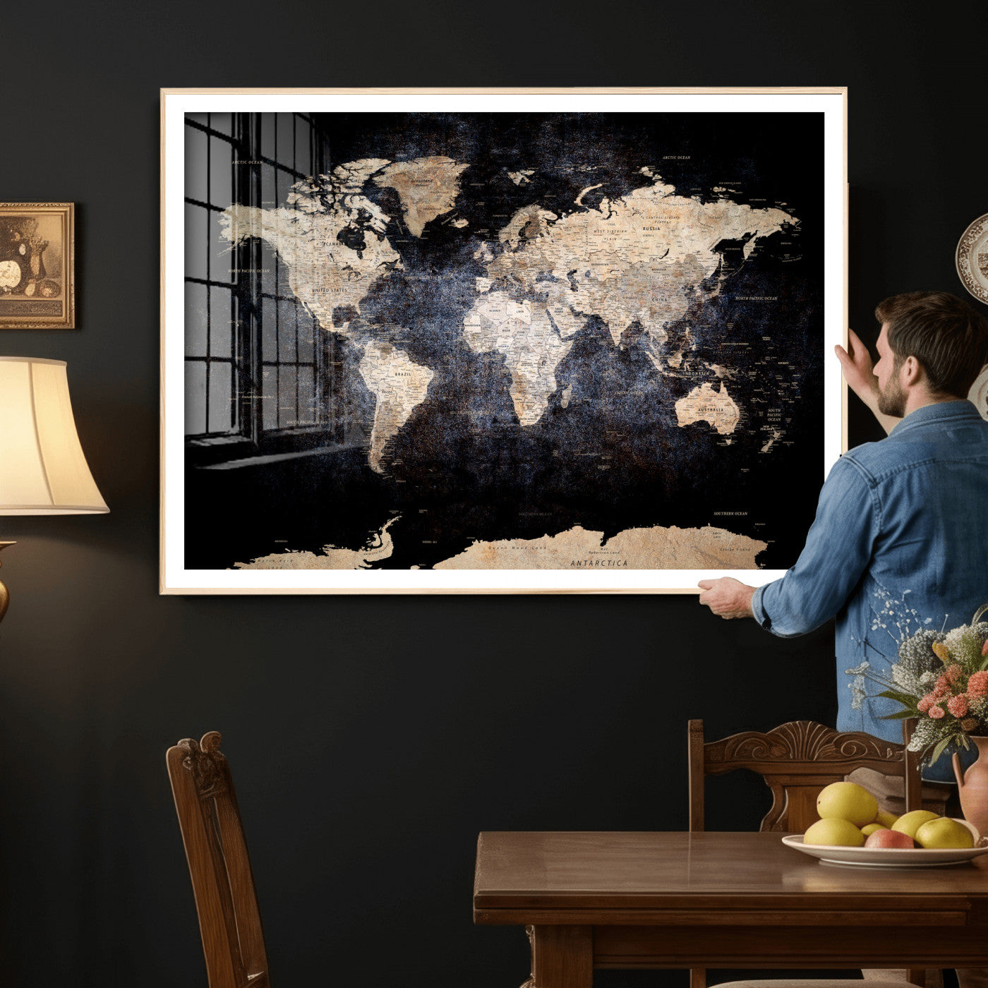 56713386-MGV-CV-36X24 - World Map Wall Art Canvas Print, Modern Decorative Framed Map Artwork Prints for Living Room, Office, Bedroom Wall Decor