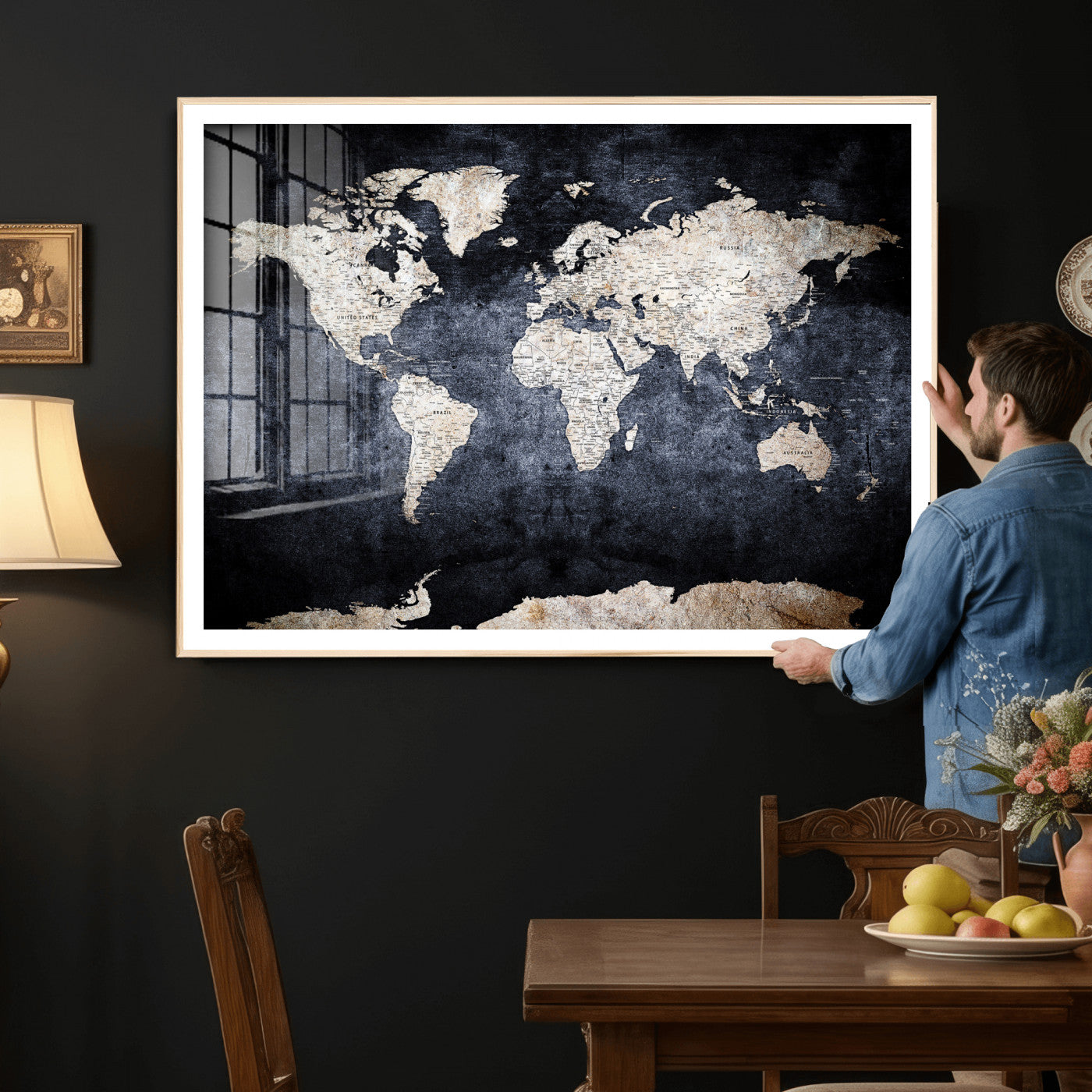 41193404-MGV-CV-36X24 - World Map Wall Art Canvas Print, Modern Decorative Framed Map Artwork Prints for Living Room, Office, Bedroom Wall Decor