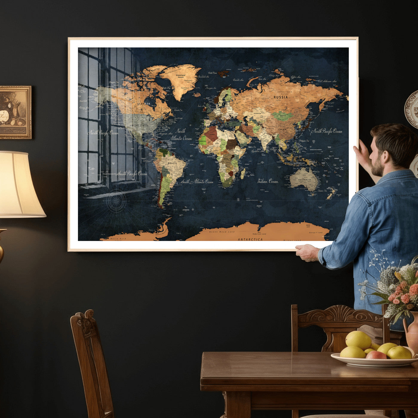 53717402-MGV-CV-36X24 - World Map Wall Art Canvas Print, Modern Decorative Framed Map Artwork Prints for Living Room, Office, Bedroom Wall Decor