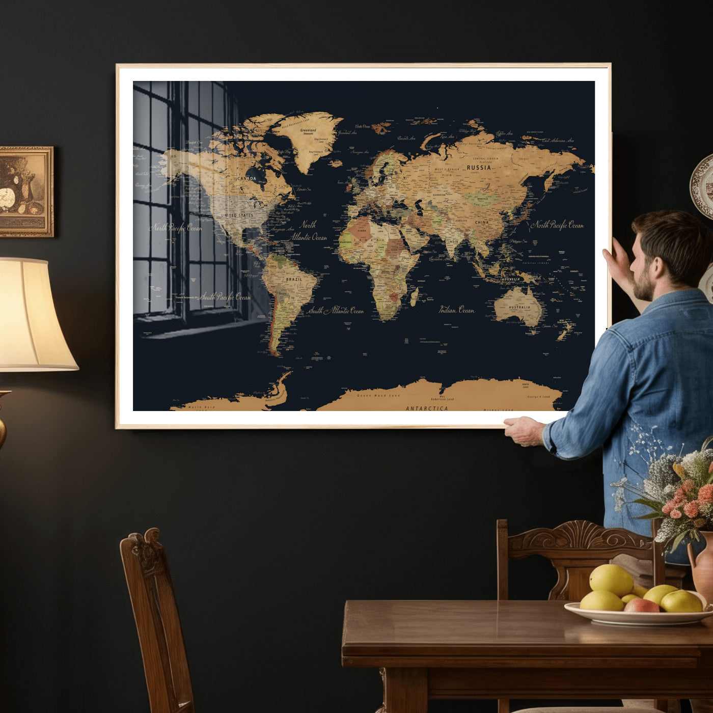 36916368-MGV-CV-36X24 - World Map Wall Art Canvas Print, Modern Decorative Framed Map Artwork Prints for Living Room, Office, Bedroom Wall Decor