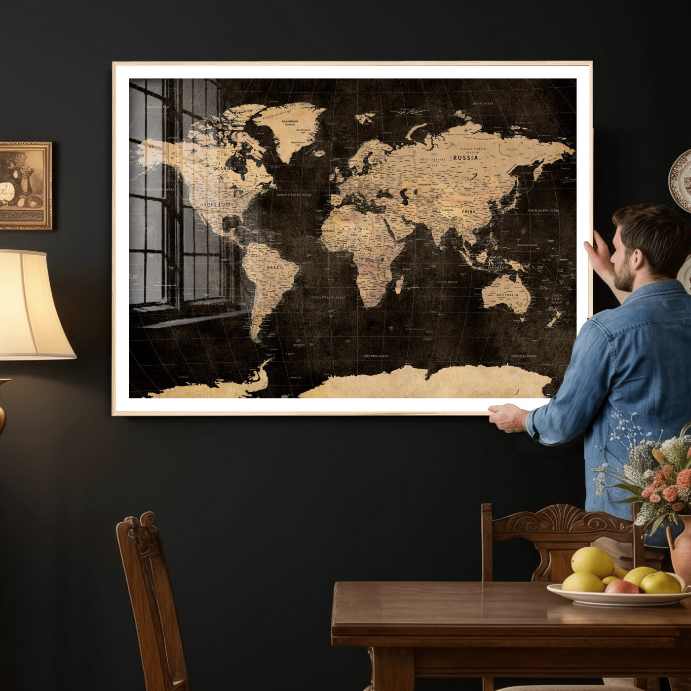 17790470-MGV-CV-36X24 - World Map Wall Art Canvas Print, Modern Decorative Framed Map Artwork Prints for Living Room, Office, Bedroom Wall Decor