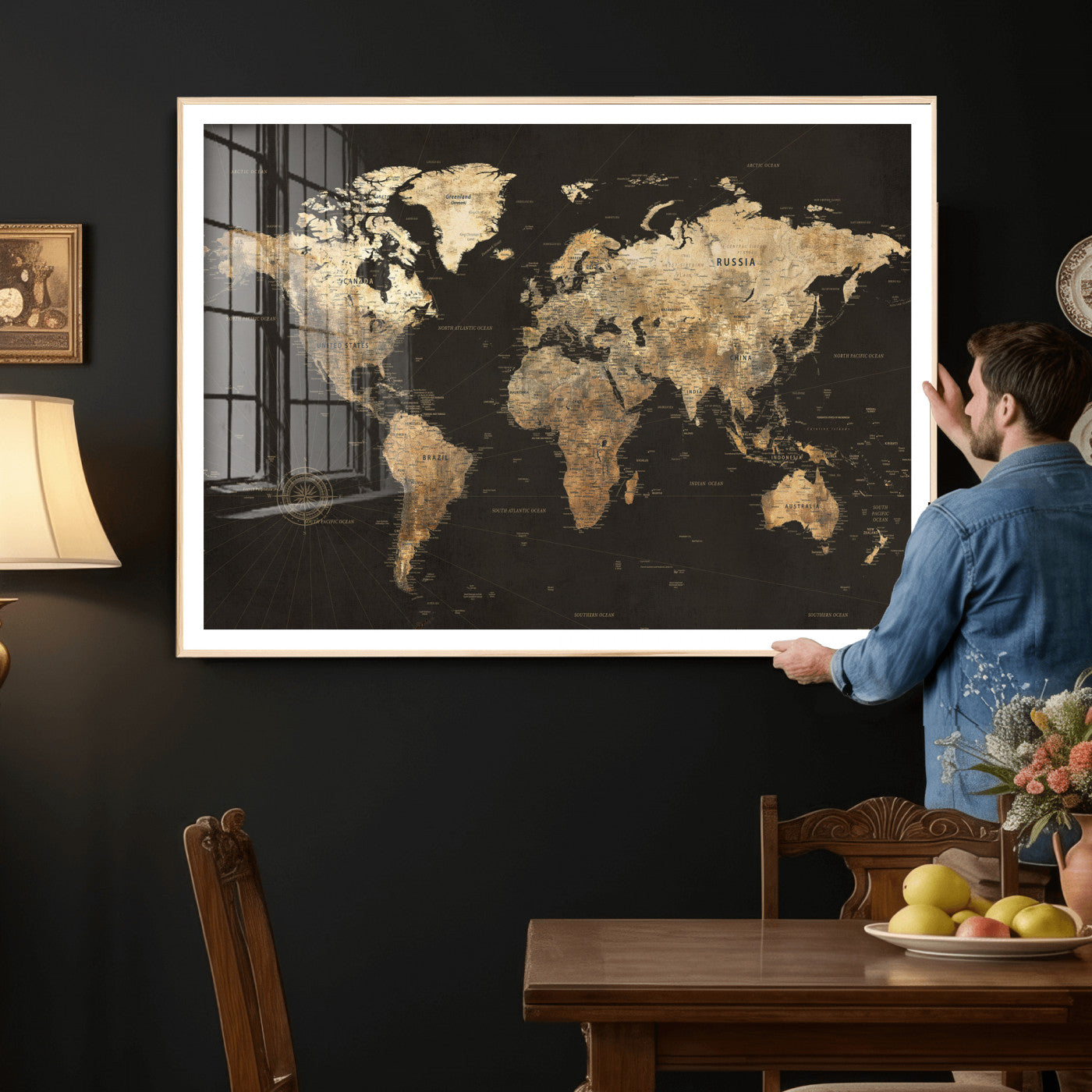 70985630-MGV-CV-36X24 - World Map Wall Art Canvas Print, Modern Decorative Framed Map Artwork Prints for Living Room, Office, Bedroom Wall Decor