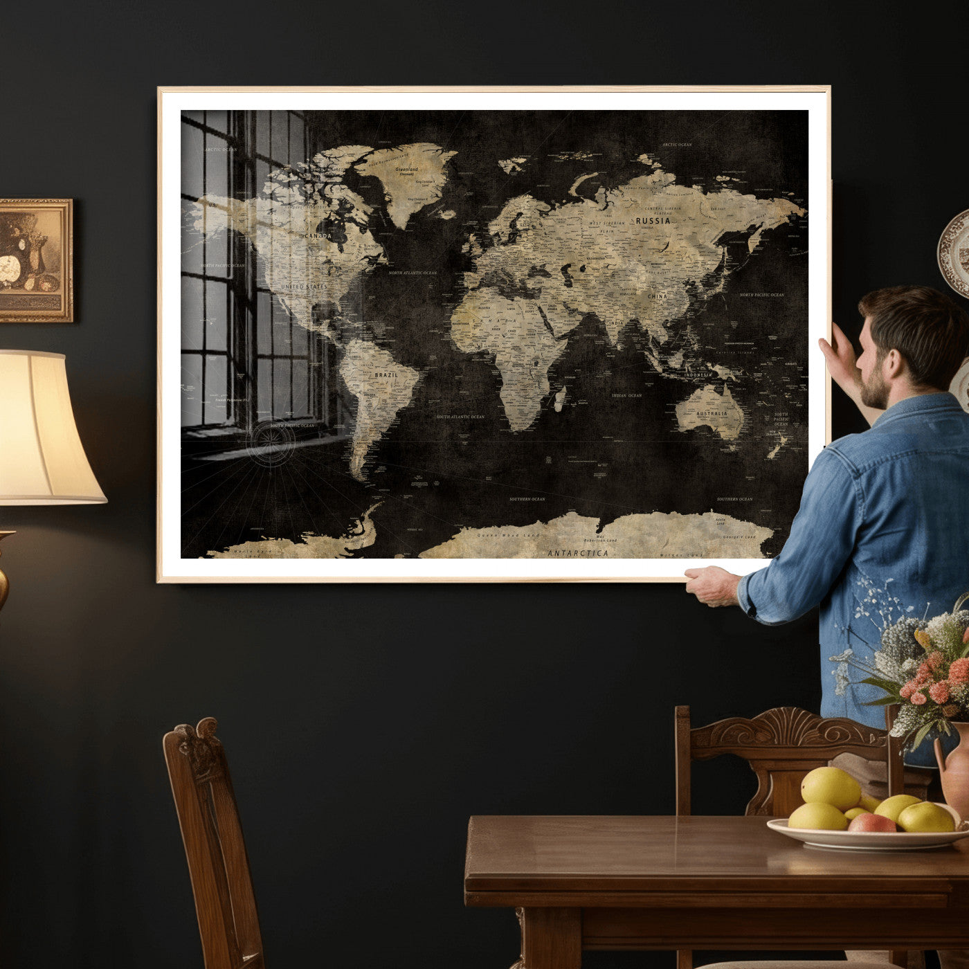 60653880-MGV-CV-36X24 - World Map Wall Art Canvas Print, Modern Decorative Framed Map Artwork Prints for Living Room, Office, Bedroom Wall Decor