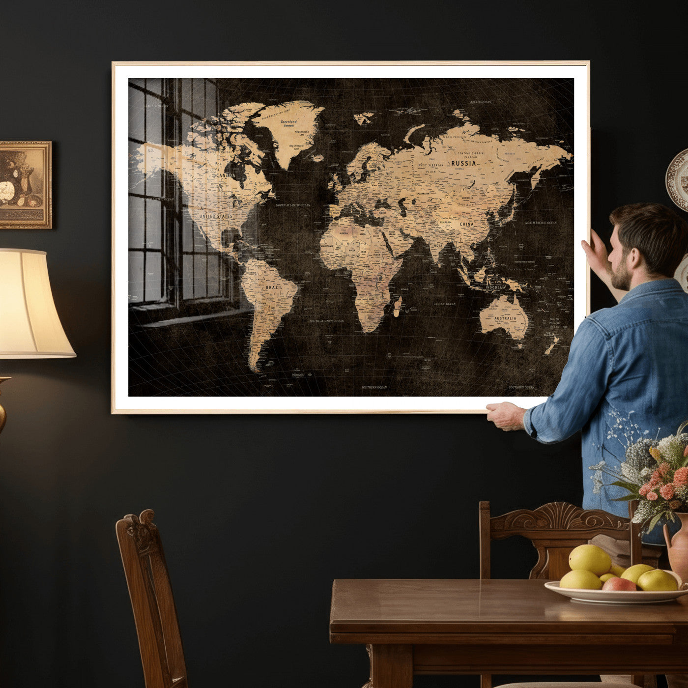 15118265-MGV-CV-36X24 - World Map Wall Art Canvas Print, Modern Decorative Framed Map Artwork Prints for Living Room, Office, Bedroom Wall Decor