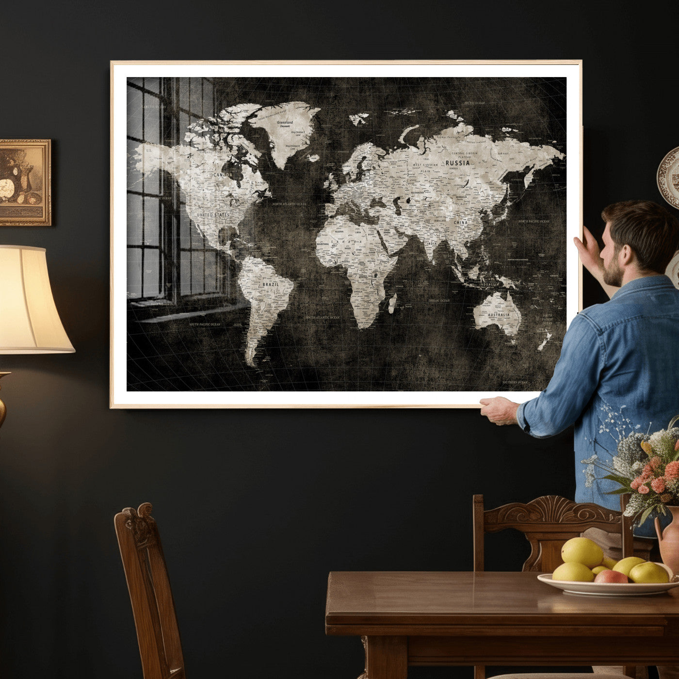94581666-MGV-CV-36X24 - World Map Wall Art Canvas Print, Modern Decorative Framed Map Artwork Prints for Living Room, Office, Bedroom Wall Decor