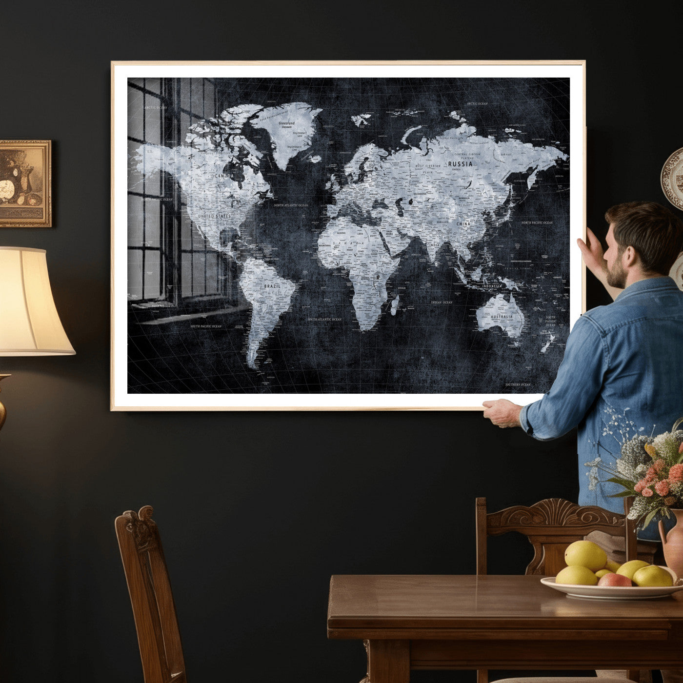 86893704-MGV-CV-36X24 - World Map Wall Art Canvas Print, Modern Decorative Framed Map Artwork Prints for Living Room, Office, Bedroom Wall Decor