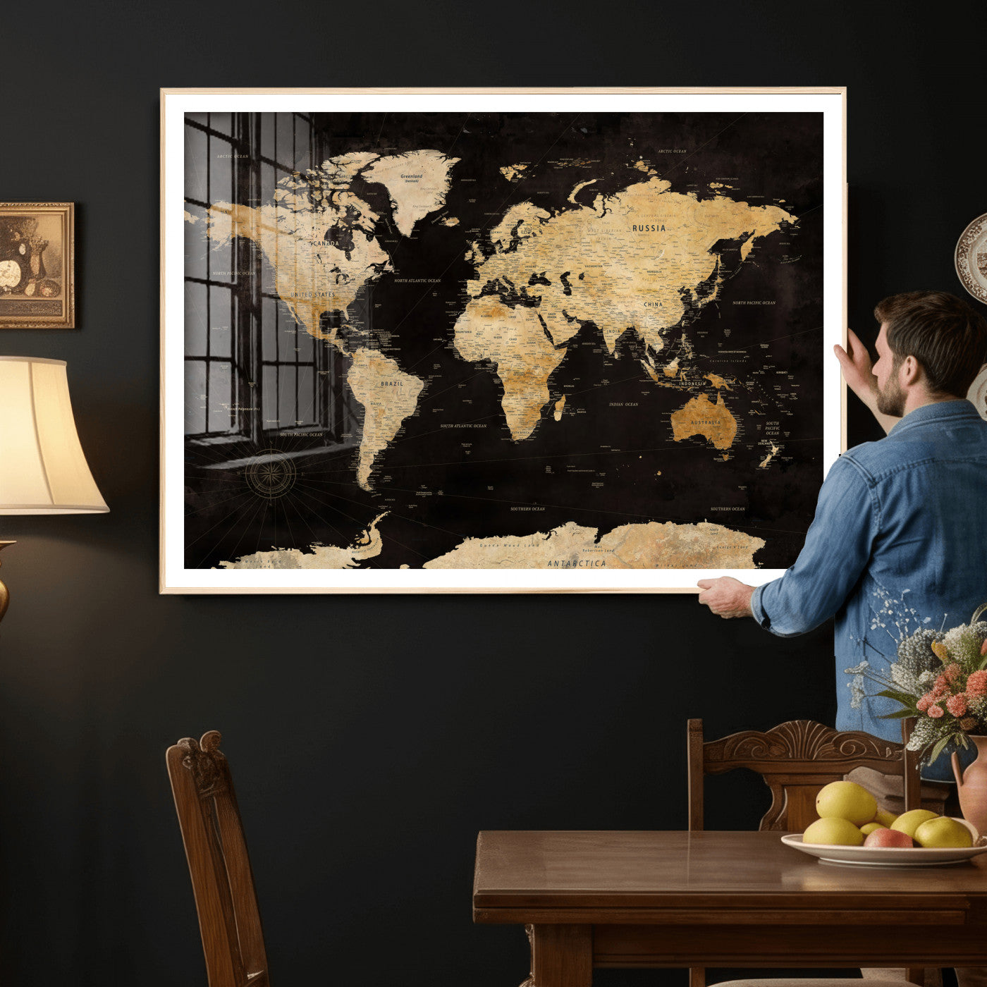 70468159-MGV-CV-36X24 - World Map Wall Art Canvas Print, Modern Decorative Framed Map Artwork Prints for Living Room, Office, Bedroom Wall Decor