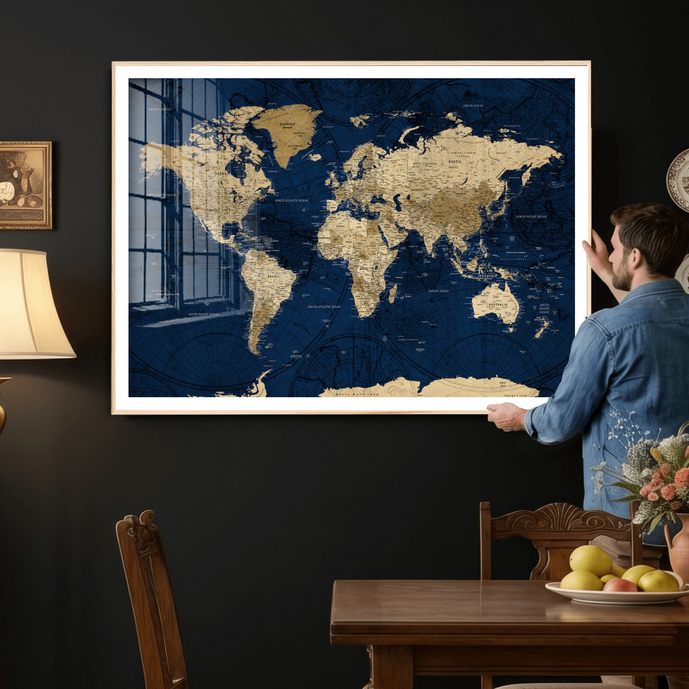 54770746-MGV-CV-36X24 - World Map Wall Art Canvas Print, Modern Decorative Framed Map Artwork Prints for Living Room, Office, Bedroom Wall Decor