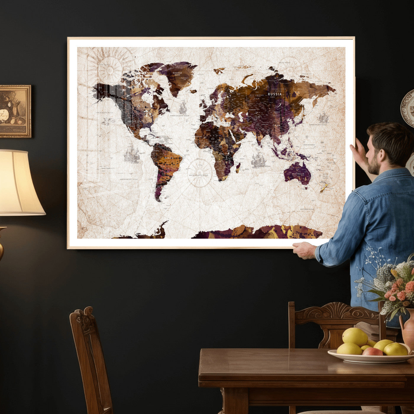53400857-MGV-CV-36X24 - World Map Wall Art Canvas Print, Modern Decorative Framed Map Artwork Prints for Living Room, Office, Bedroom Wall Decor