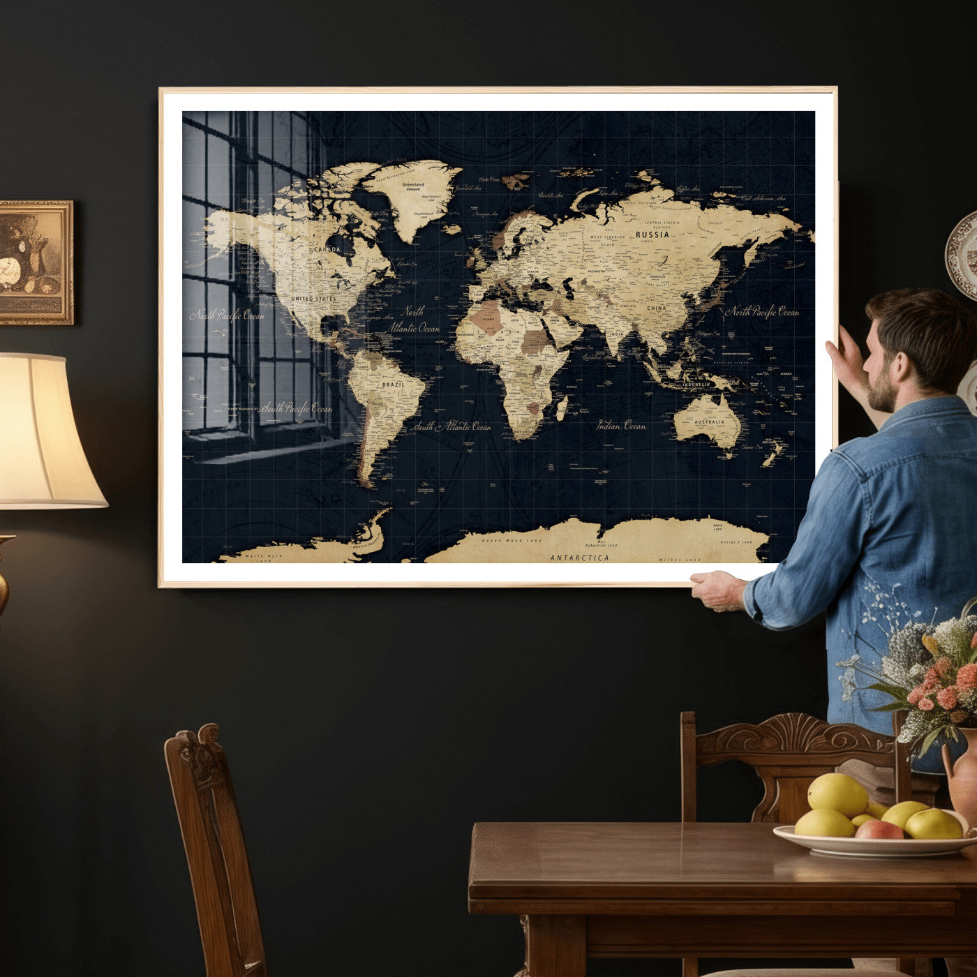 45063434-MGV-CV-36X24 - World Map Wall Art Canvas Print, Modern Decorative Framed Map Artwork Prints for Living Room, Office, Bedroom Wall Decor