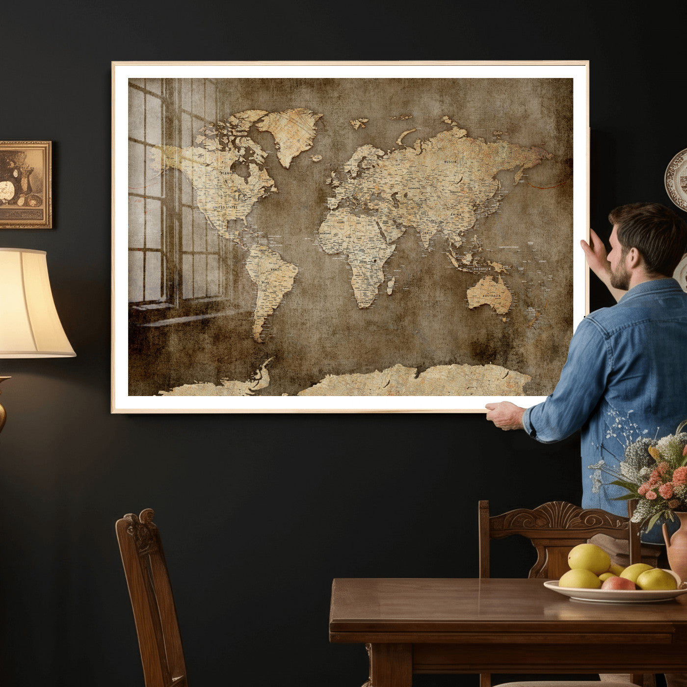35847542-MGV-CV-36X24 - World Map Wall Art Canvas Print, Modern Decorative Framed Map Artwork Prints for Living Room, Office, Bedroom Wall Decor