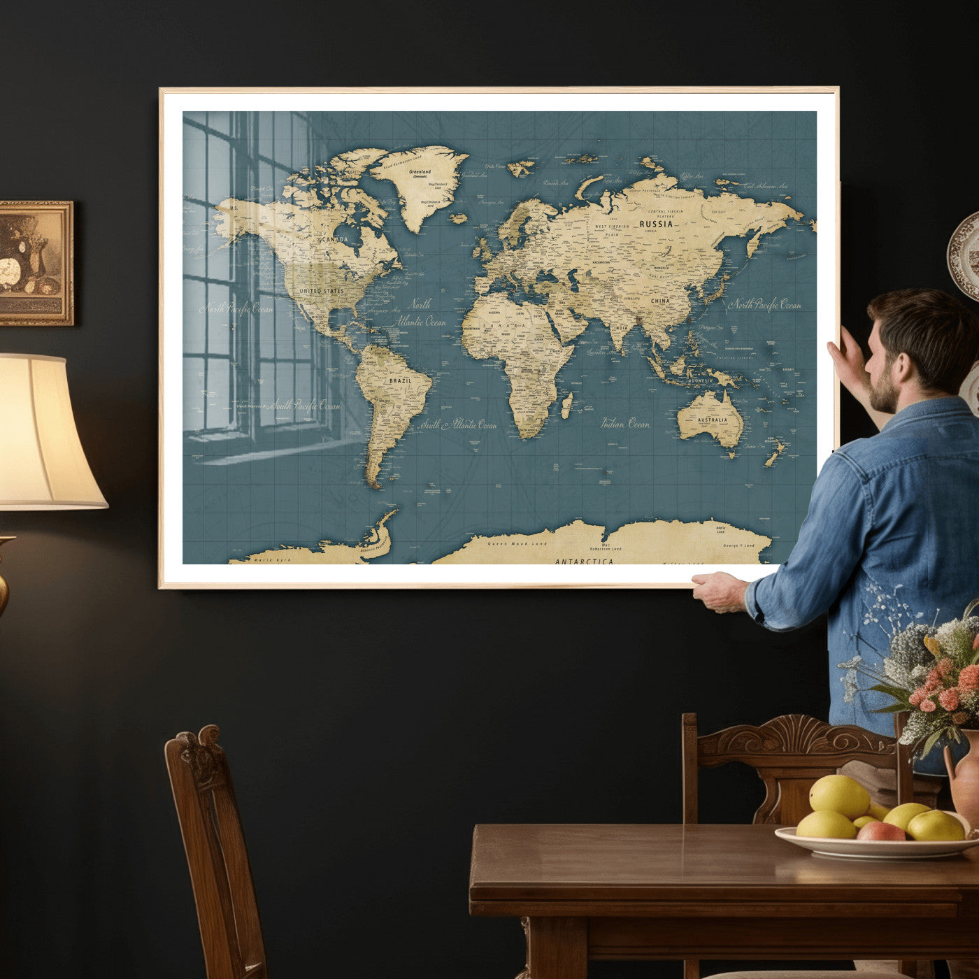99599383-MGV-CV-36X24 - World Map Wall Art Canvas Print, Modern Decorative Framed Map Artwork Prints for Living Room, Office, Bedroom Wall Decor