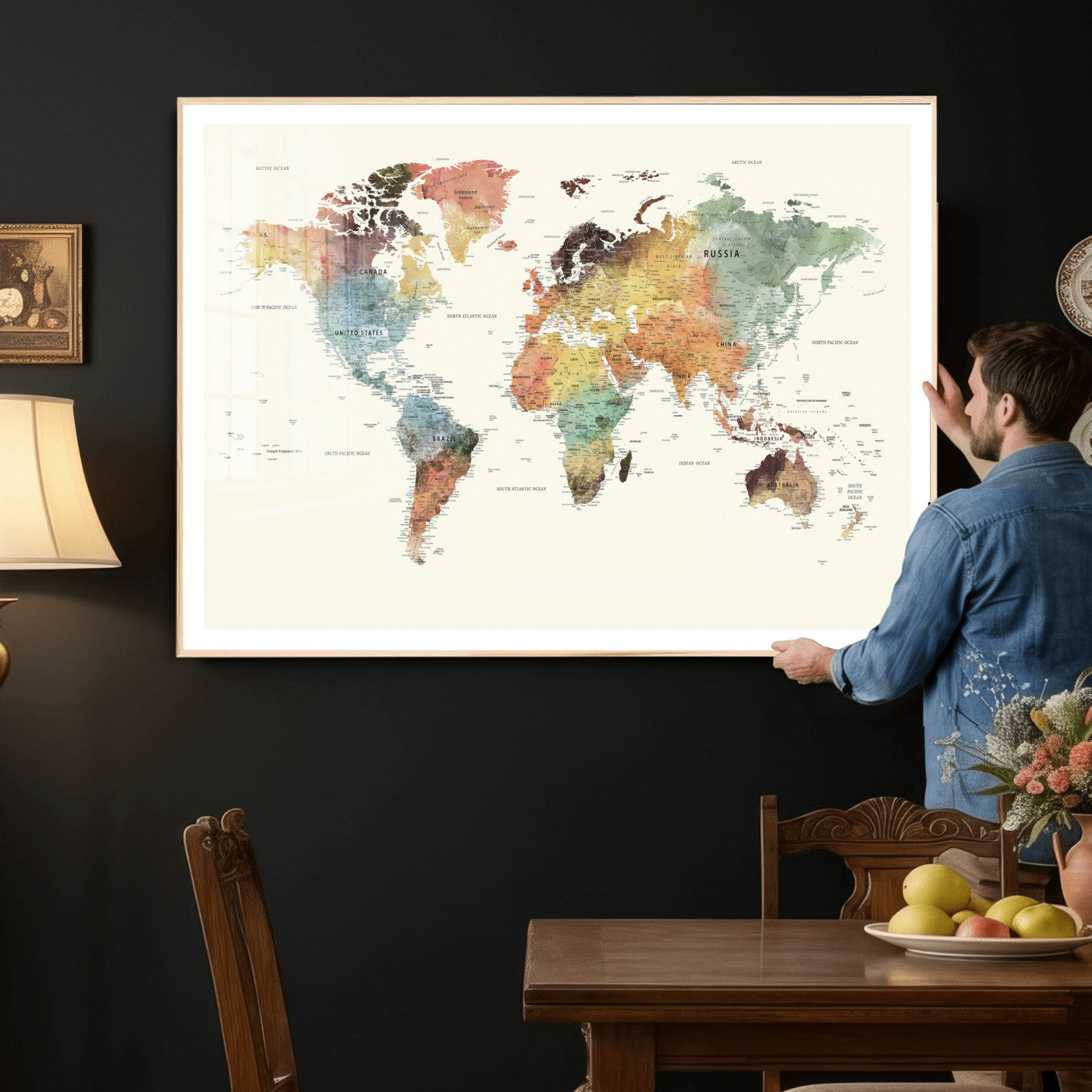 64206059-MGV-CV-36X24 - World Map Wall Art Canvas Print, Modern Decorative Framed Map Artwork Prints for Living Room, Office, Bedroom Wall Decor