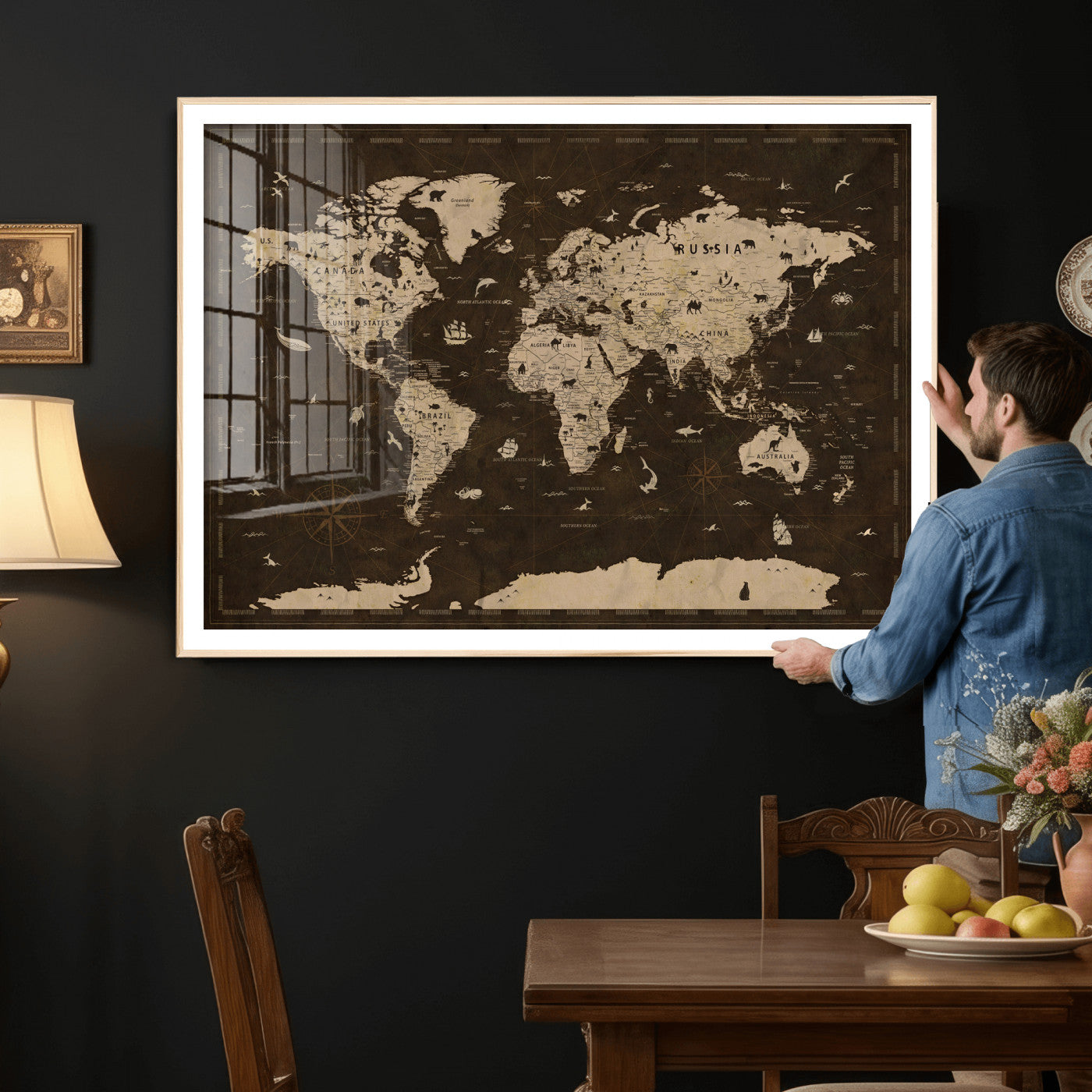 44276398-MGV-CV-36X24 - World Map Wall Art Canvas Print, Modern Decorative Framed Map Artwork Prints for Living Room, Office, Bedroom Wall Decor