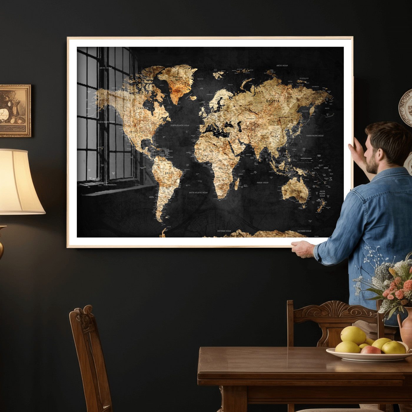 23568589-MGV-CV-36X24 - World Map Wall Art Canvas Print, Modern Decorative Framed Map Artwork Prints for Living Room, Office, Bedroom Wall Decor