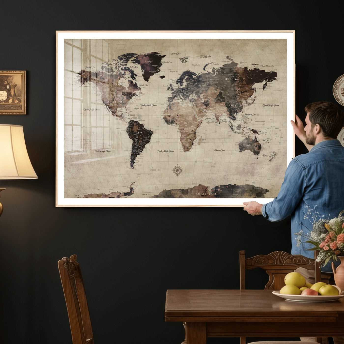 60560672-MGV-CV-36X24 - World Map Wall Art Canvas Print, Modern Decorative Framed Map Artwork Prints for Living Room, Office, Bedroom Wall Decor