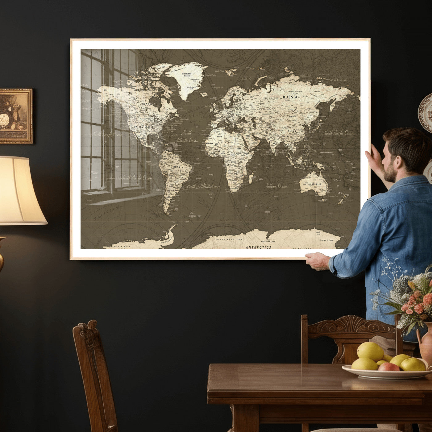 33202610-MGV-CV-36X24 - World Map Wall Art Canvas Print, Modern Decorative Framed Map Artwork Prints for Living Room, Office, Bedroom Wall Decor