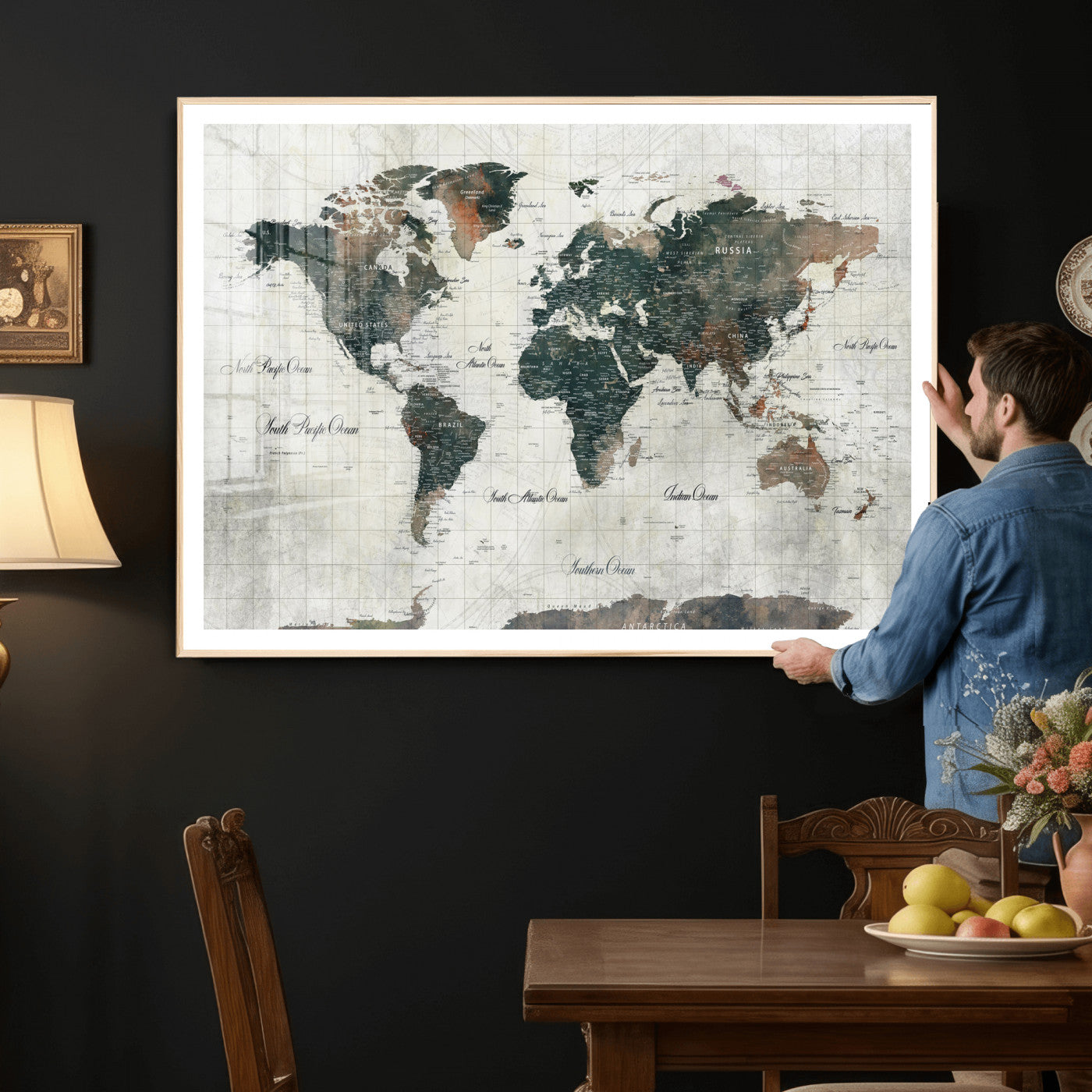 91179593-MGV-CV-36X24 - World Map Wall Art Canvas Print, Modern Decorative Framed Map Artwork Prints for Living Room, Office, Bedroom Wall Decor