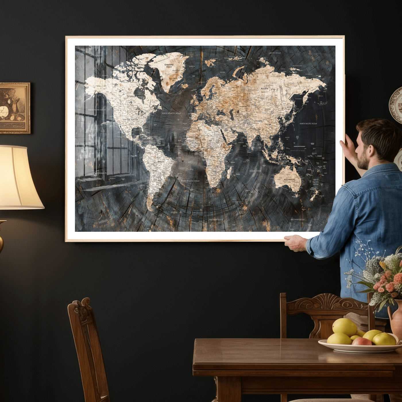 89162112-MGV-CV-36X24 - World Map Wall Art Canvas Print, Modern Decorative Framed Map Artwork Prints for Living Room, Office, Bedroom Wall Decor