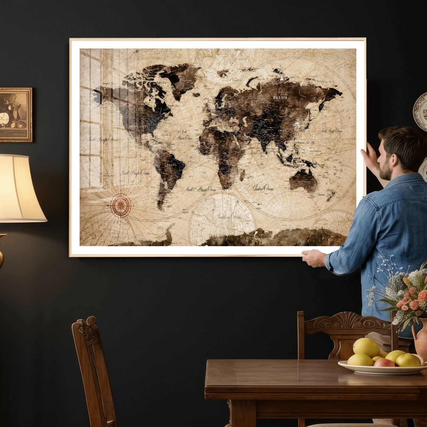 47657418-MGV-CV-36X24 - World Map Wall Art Canvas Print, Modern Decorative Framed Map Artwork Prints for Living Room, Office, Bedroom Wall Decor