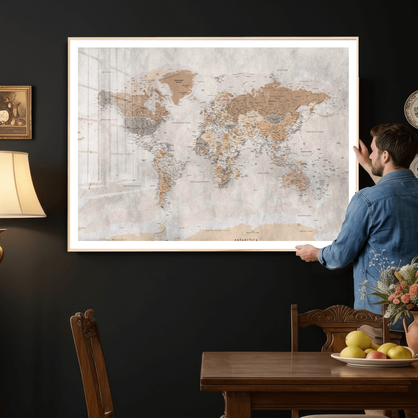 34051638-MGV-CV-36X24 - World Map Wall Art Canvas Print, Modern Decorative Framed Map Artwork Prints for Living Room, Office, Bedroom Wall Decor